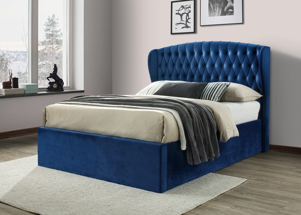 Elegant Blue Upholstered Ottoman Storage Bed