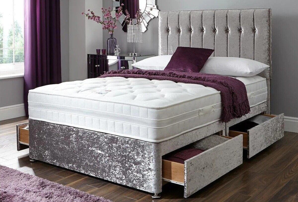 Line Panel Silver Crushed Velvet Divan Bed With Ottoman Storage, Mattress & 26" High Headboard