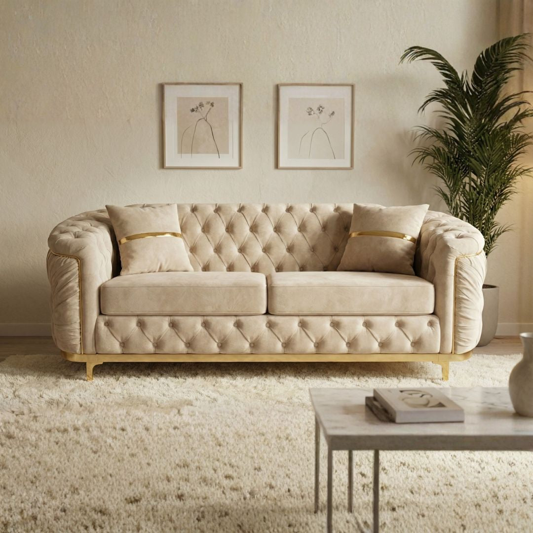 Elegant Beige Chesterfield Sofa with Gold Detailing