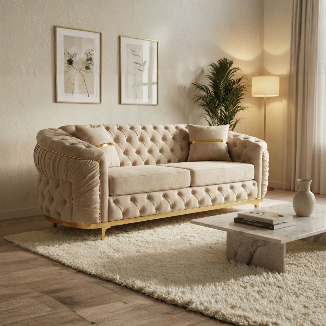 Elegant Beige Chesterfield Sofa with Gold Detailing