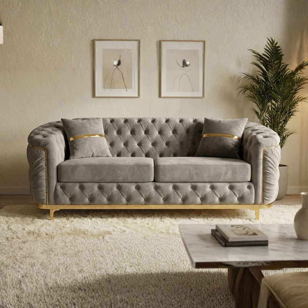 Elegant Beige Chesterfield Sofa with Gold Detailing