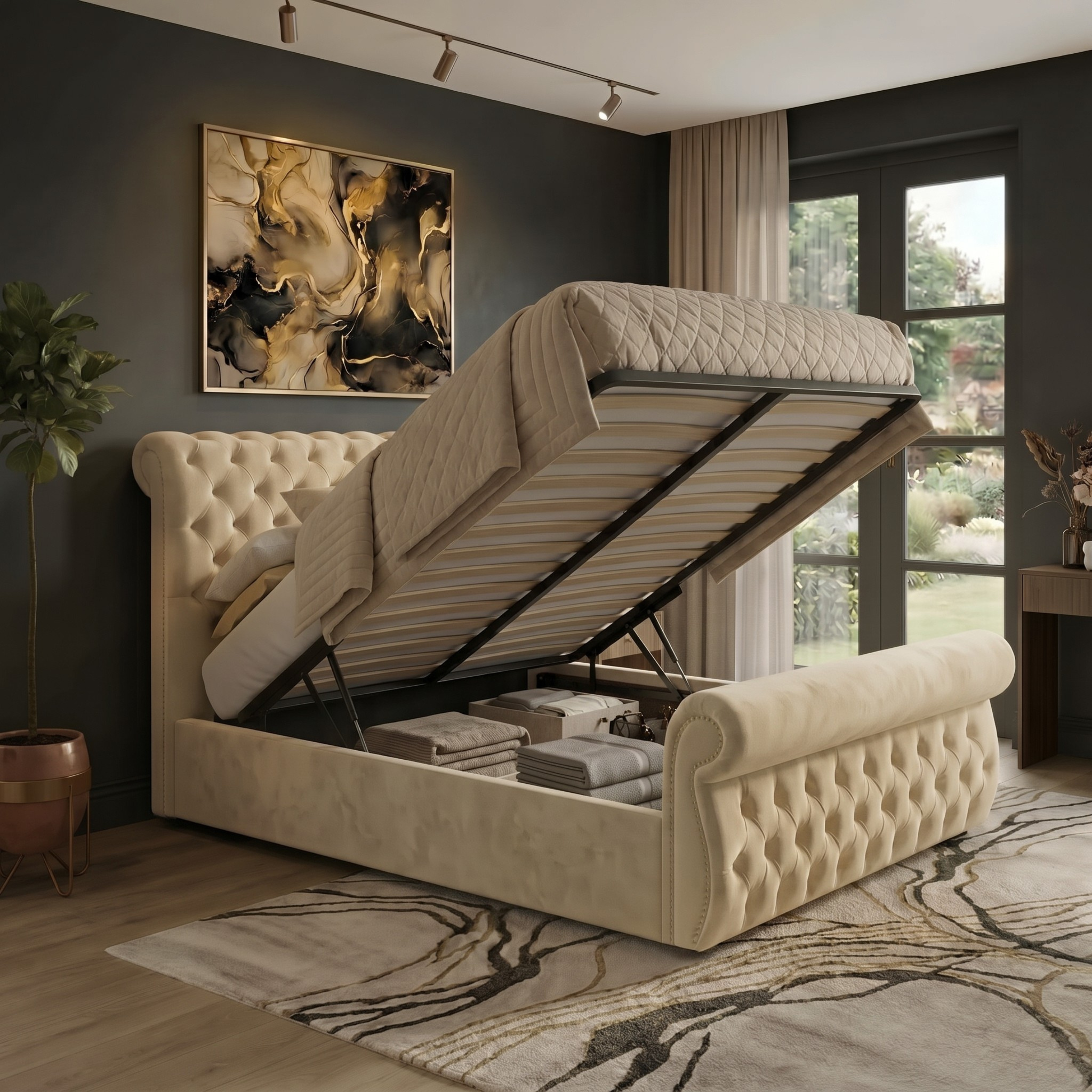Elegant Upholstered Bed with Ottoman Storage Option