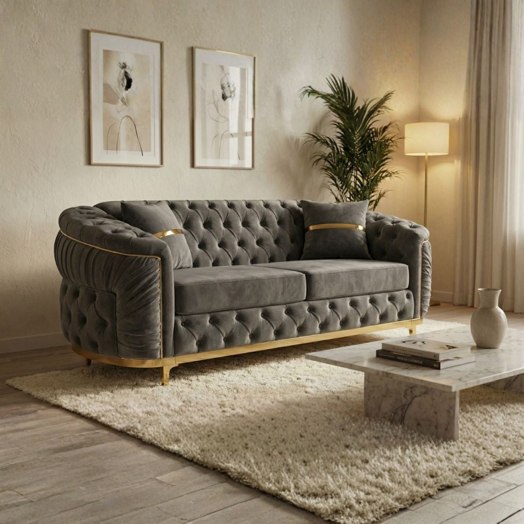 Elegant Beige Chesterfield Sofa with Gold Detailing