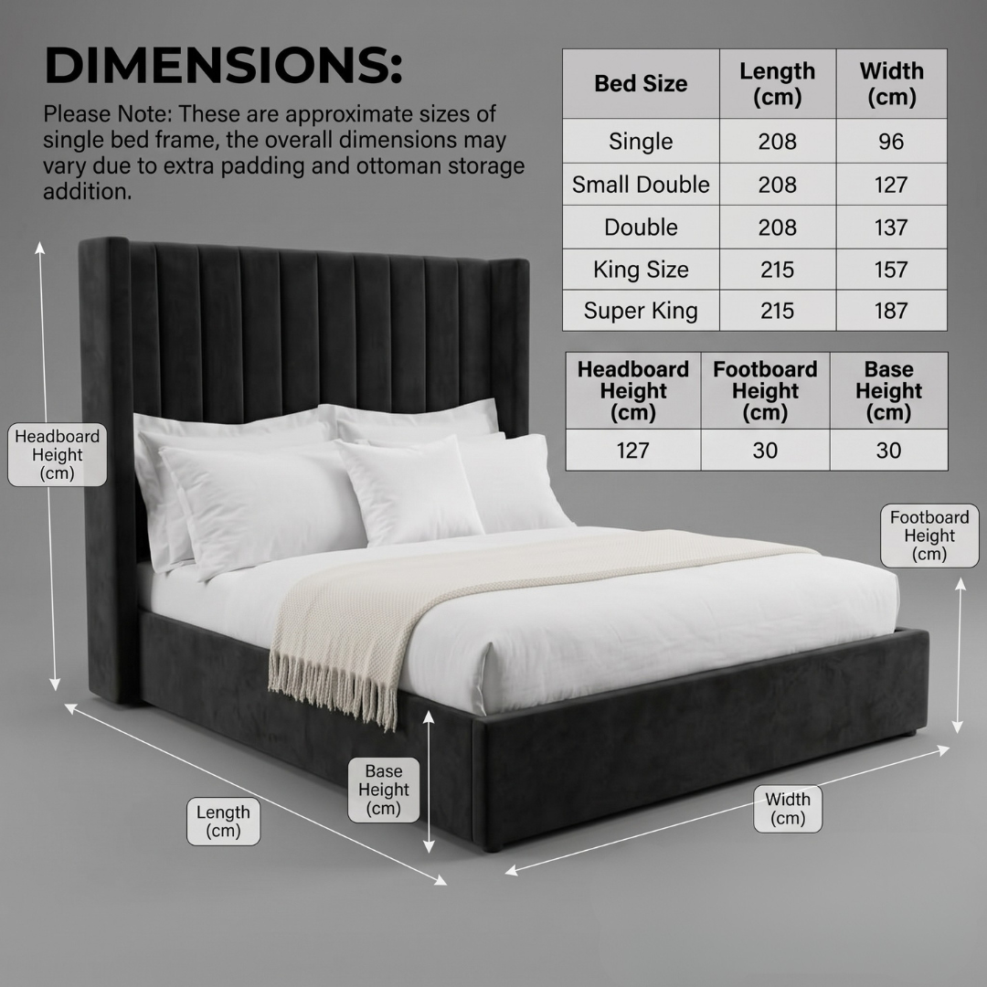 Black Ottoman Bed with  Gas Lift Storage Optional