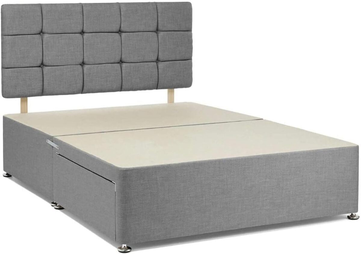 Grey Chenille Fabric Divan Bed Base with Headboard | Double Bed Frame with 20 Inches High Headboard