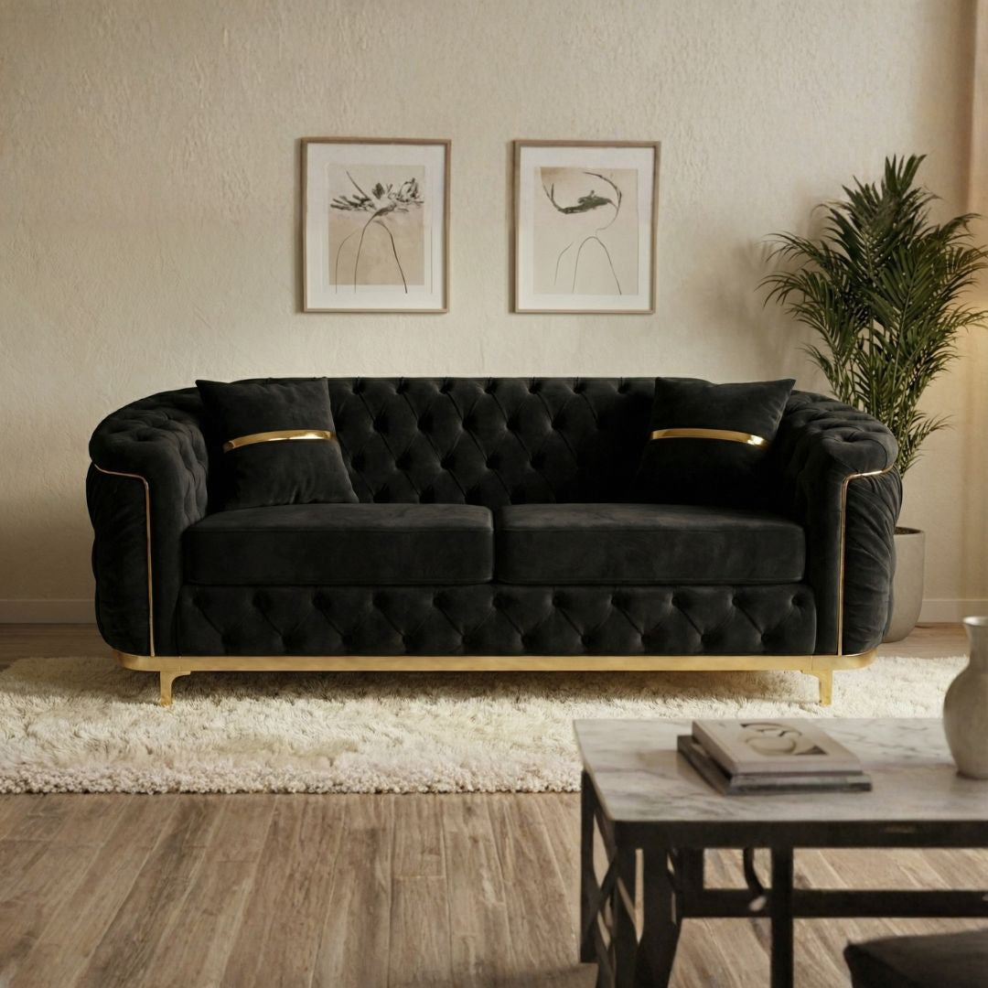Elegant Beige Chesterfield Sofa with Gold Detailing