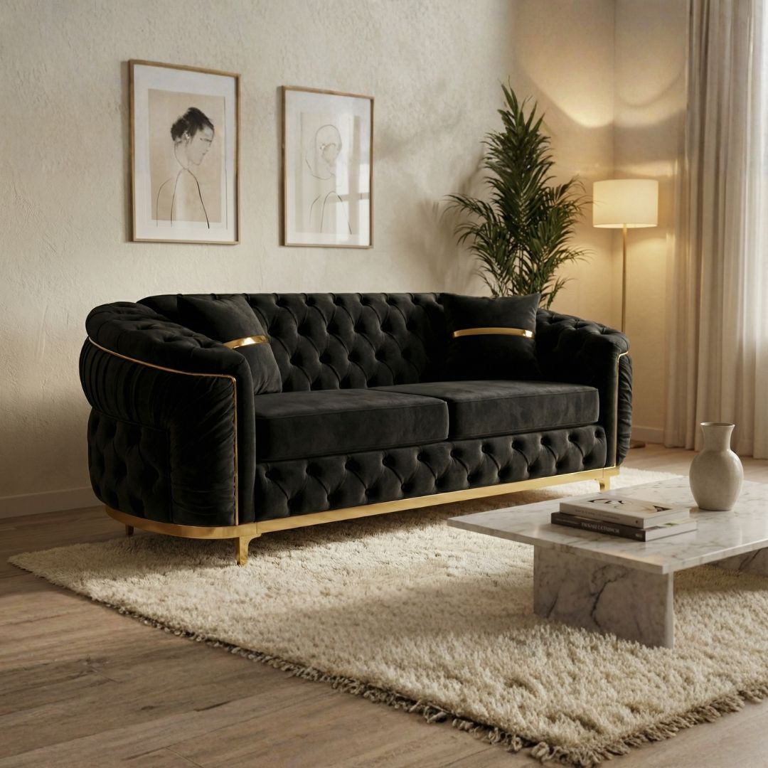 Elegant Beige Chesterfield Sofa with Gold Detailing