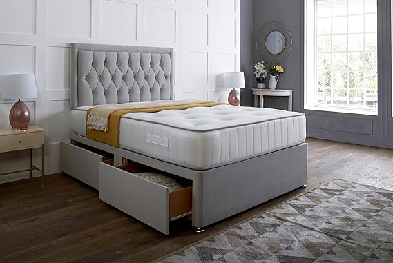 Silver Plush Divan Bed with Drawers and Headboard