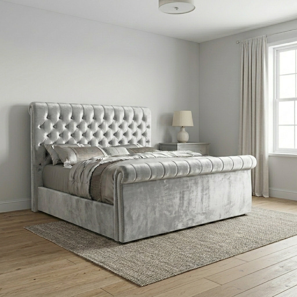 Sleigh Upholstered Grey Bed Frame