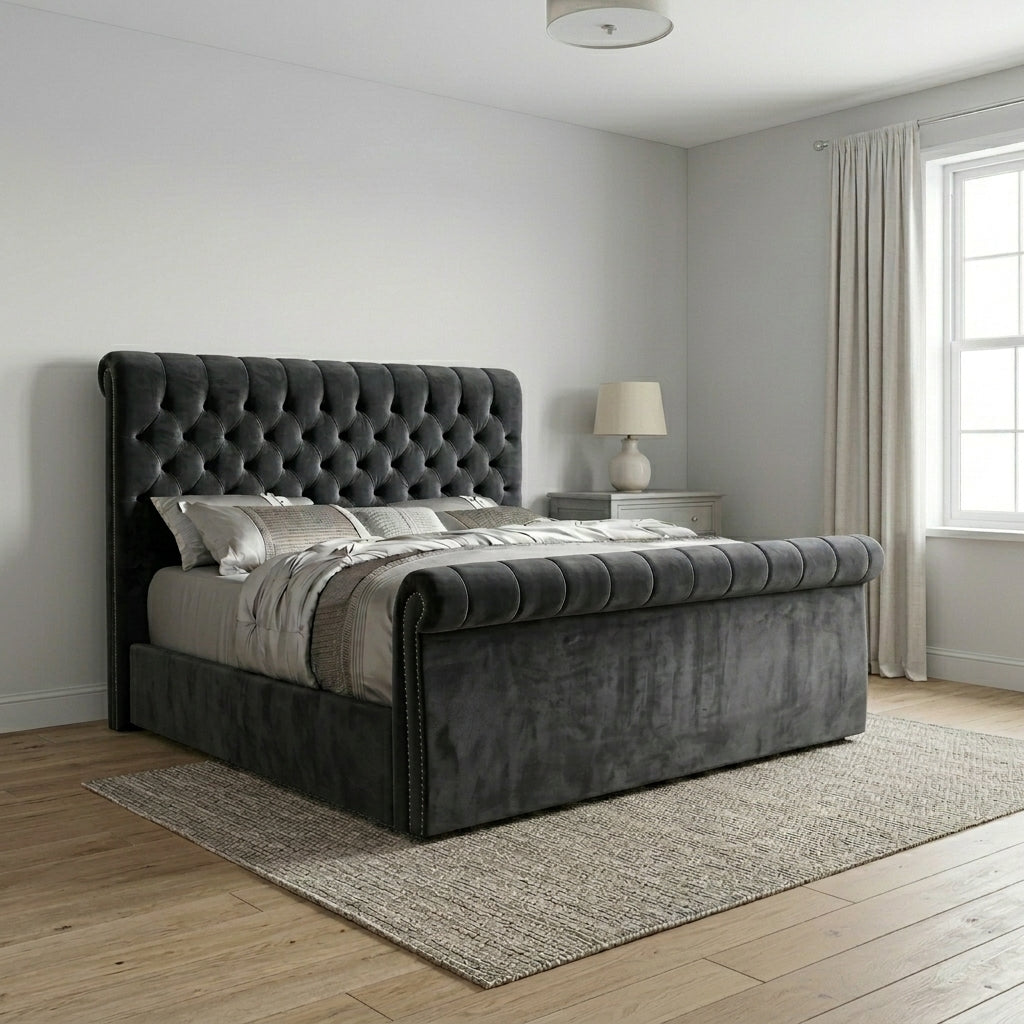 Sleigh Upholstered Grey Bed Frame