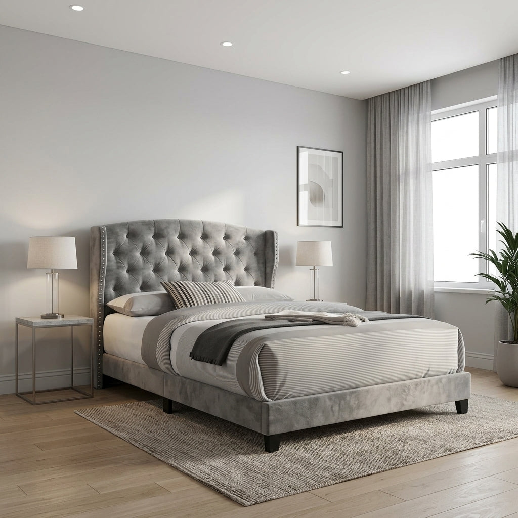 Elegant Modern Upholstered Bed with Tufted Headboard