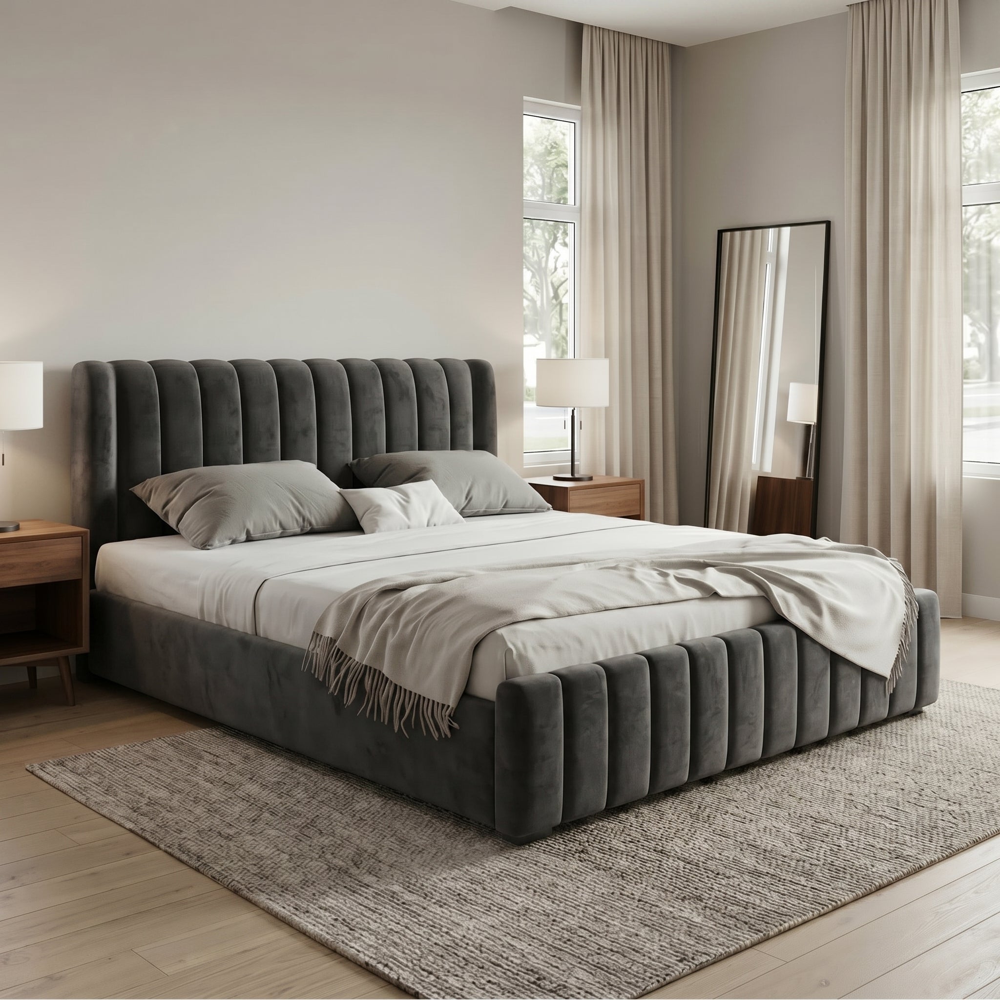 Modern Luxurious Upholstered Bed with Velvet Texture