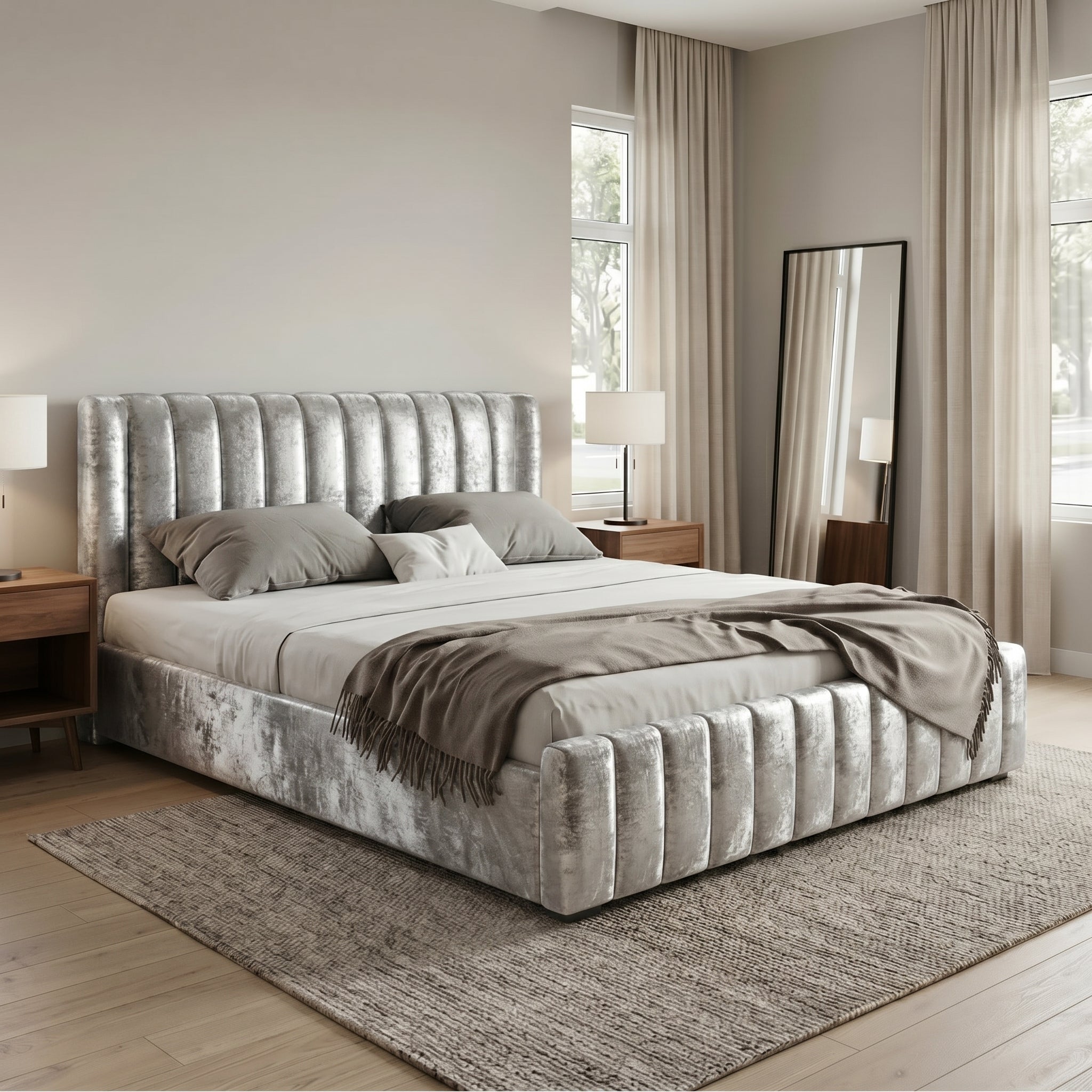 Modern Luxurious Upholstered Bed with Velvet Texture