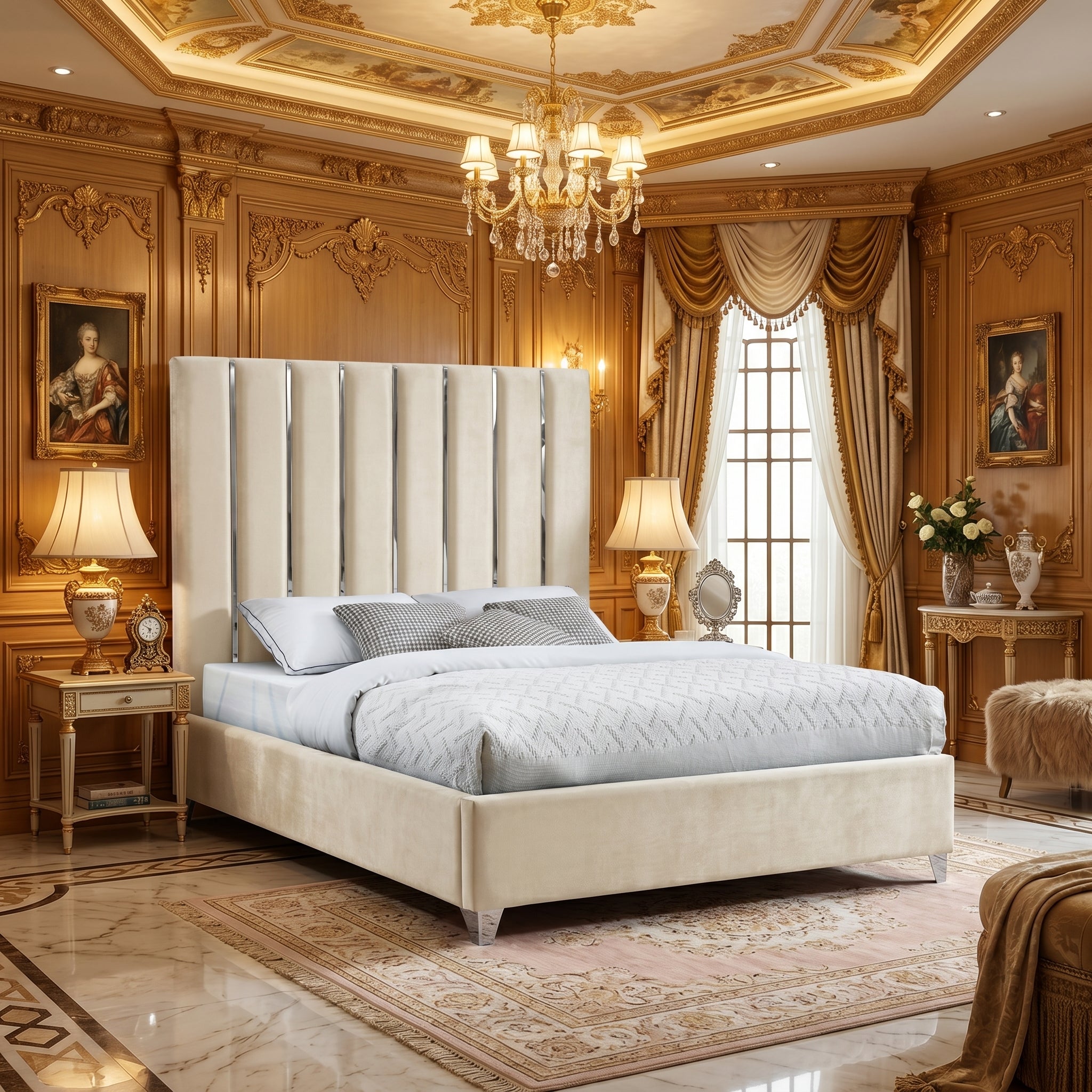 Silver Strip Velvet Upholstered Platform Bed