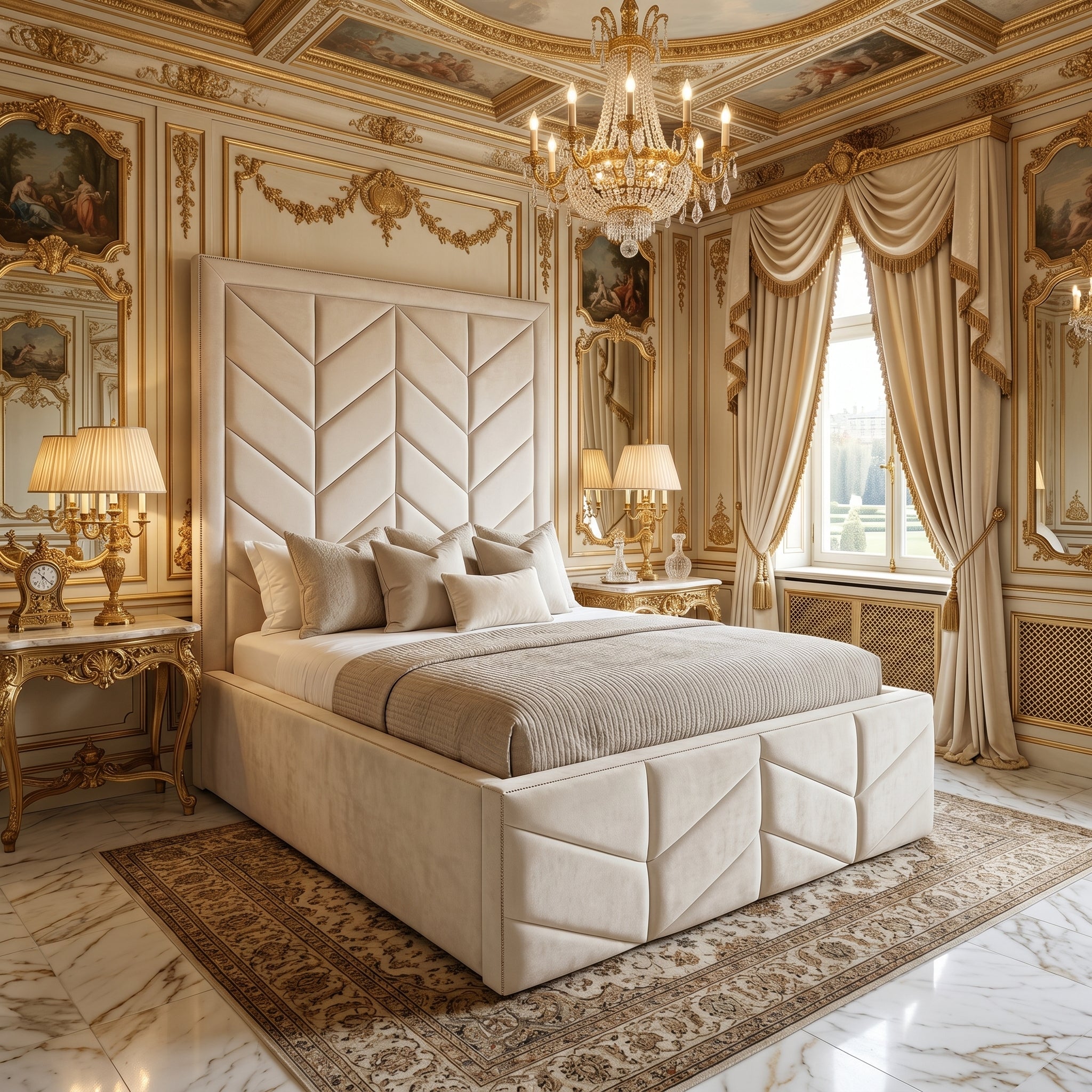 Tall Headboard Bed | Upholstered Tufted Leaf Design