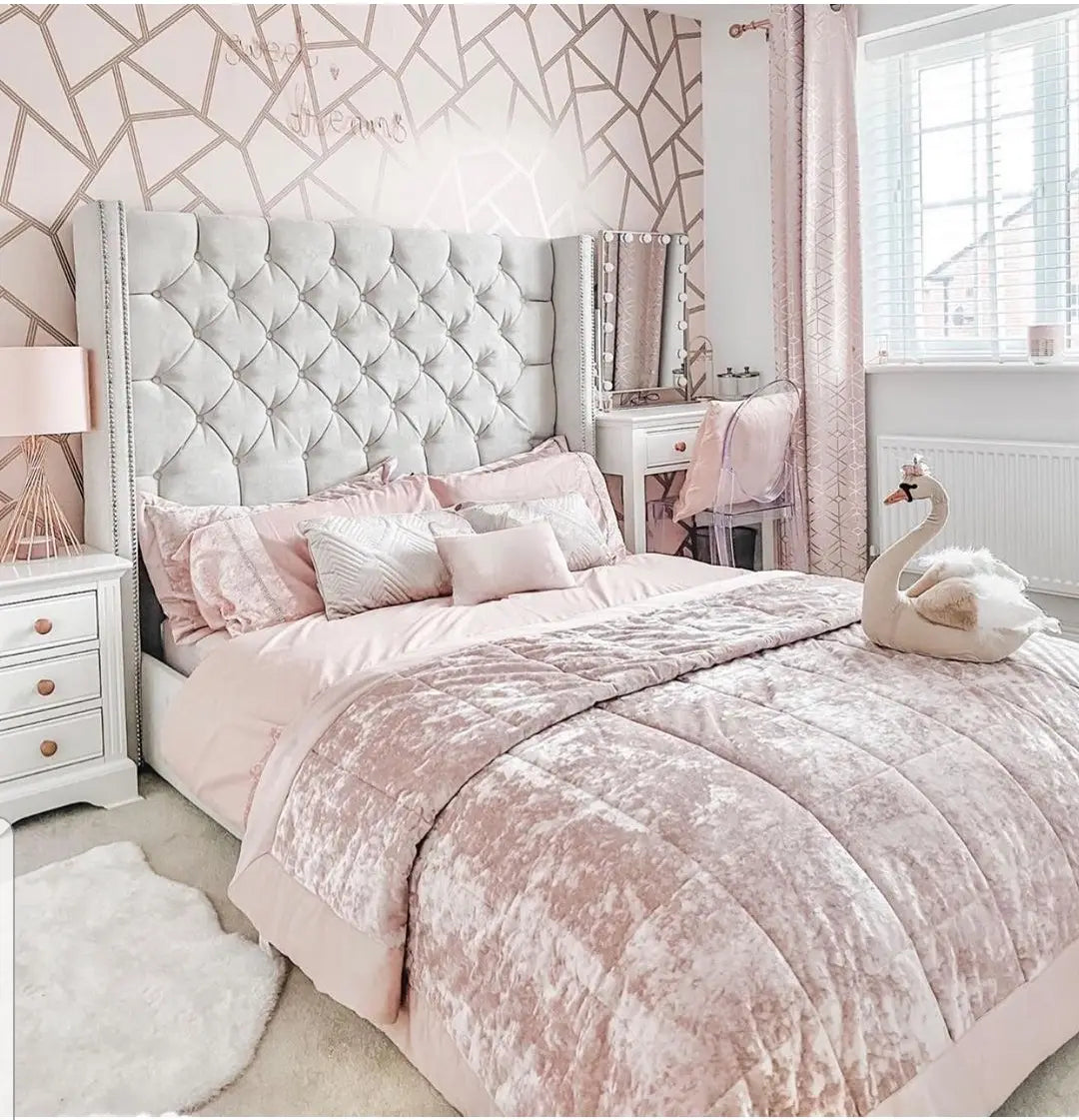 Elegant Tufted Upholstered Bed with Pink Accents