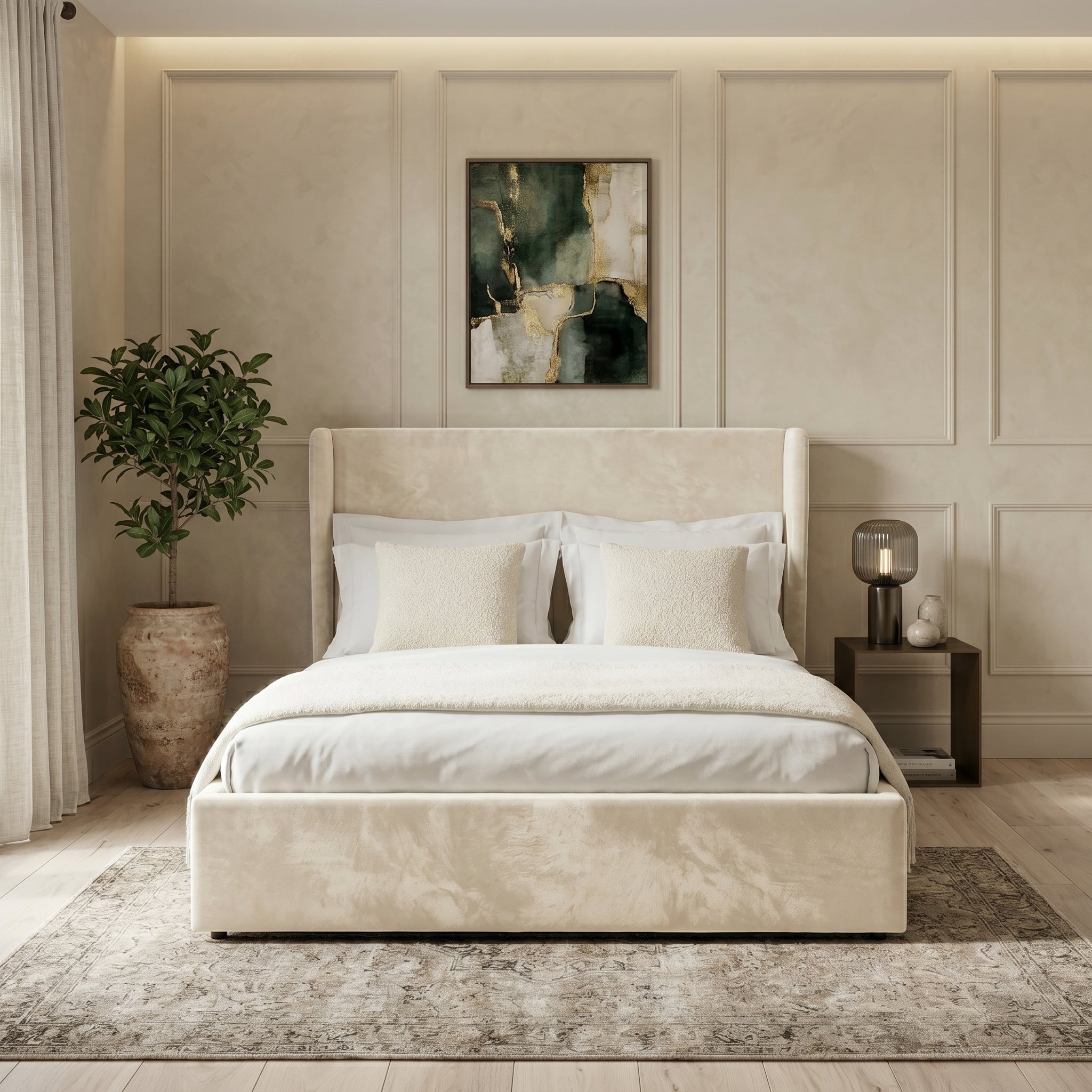 Plain Wingback Bed with Ottoman Storage