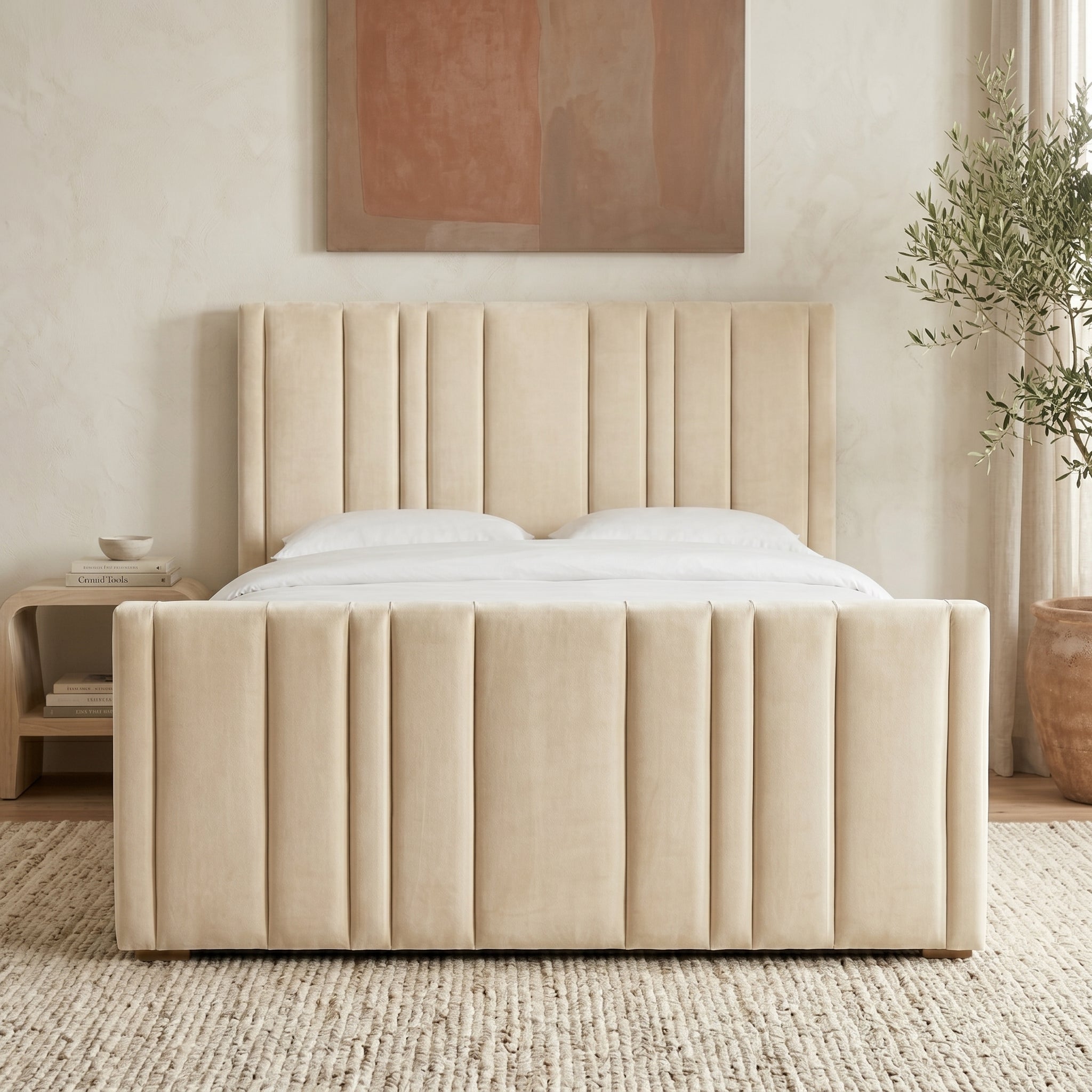 Upholstered Platform Bed with Vertical Channel Tufting