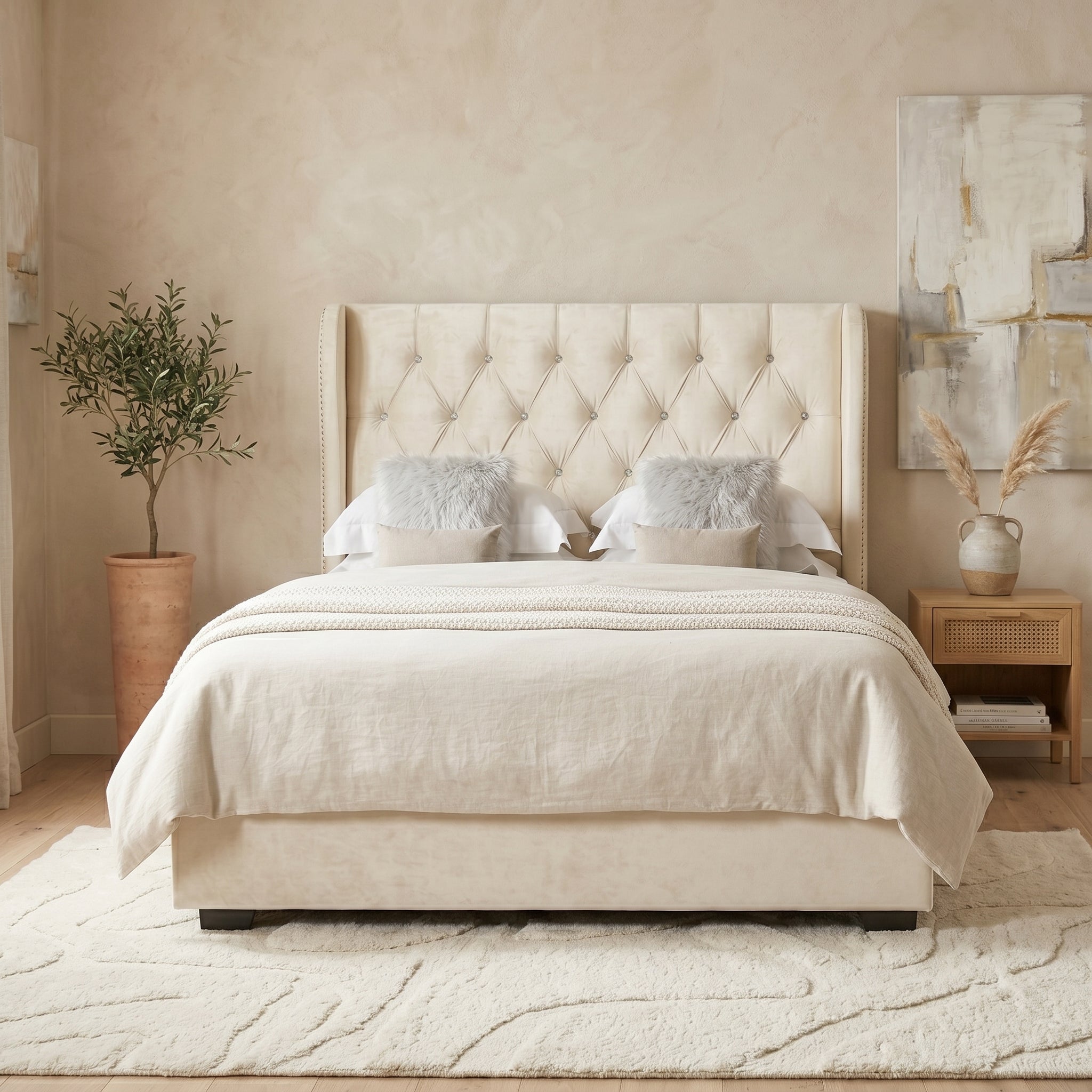 Ottoman Bed Frame with Diamante Wingback in Upholstery Pink Velvet