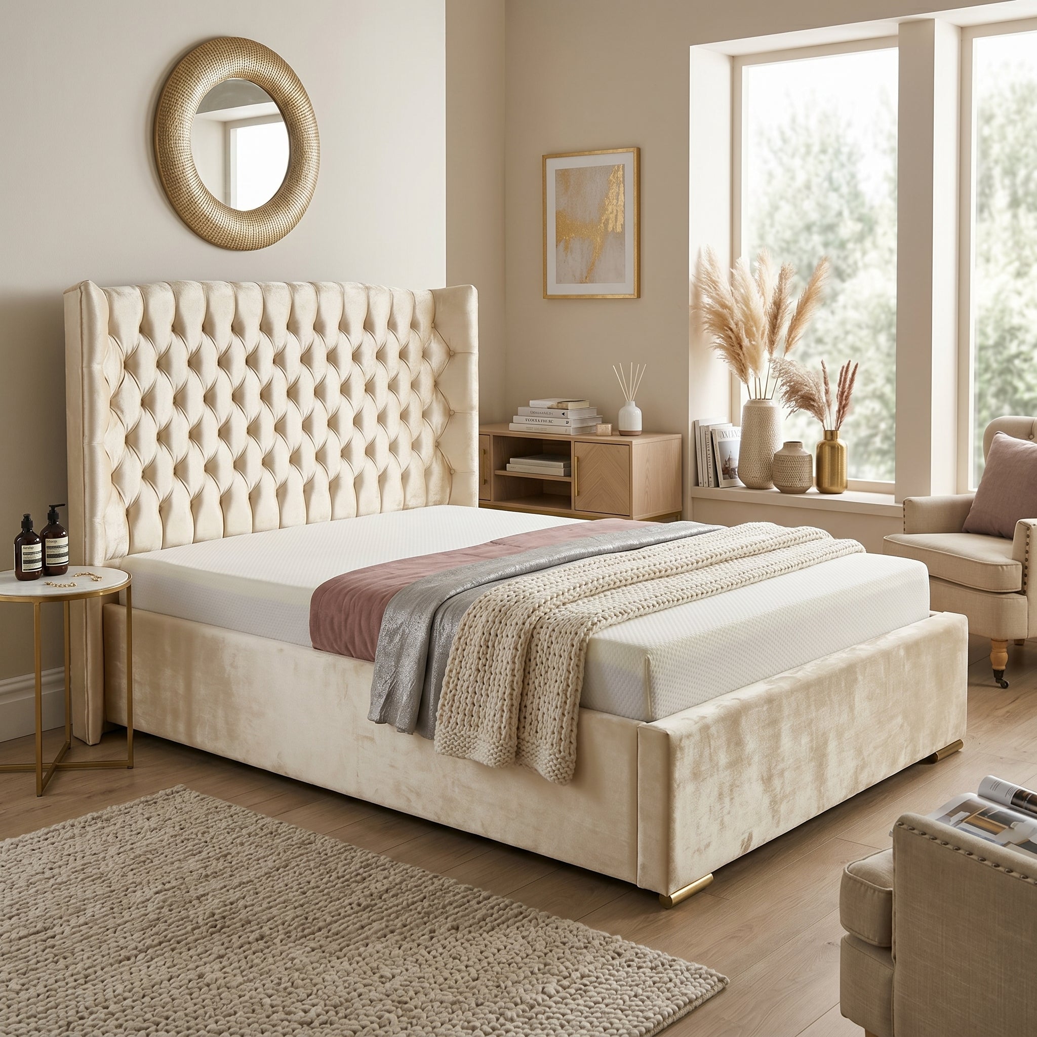 Orchid Upholstered Chesterfield Wing Bed Frame