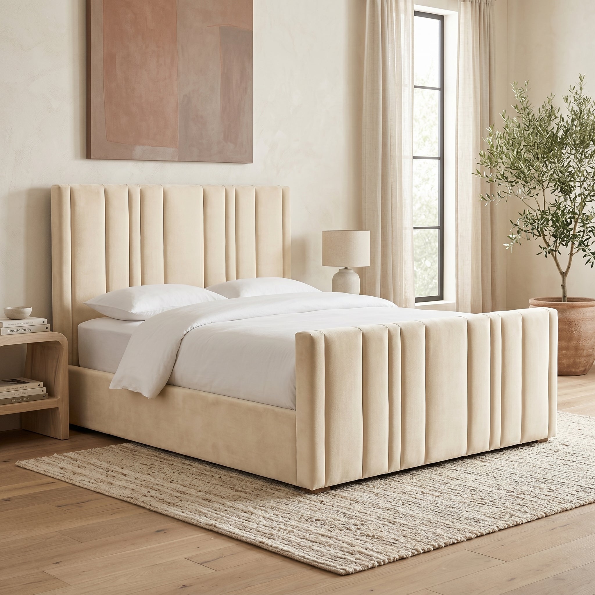 Upholstered Platform Bed with Vertical Channel Tufting