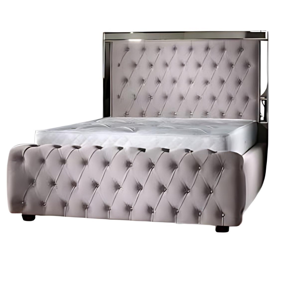 Orchid furniture Grey Plush Velvet Chesterfield Silver Striped Headboard and Bed bases