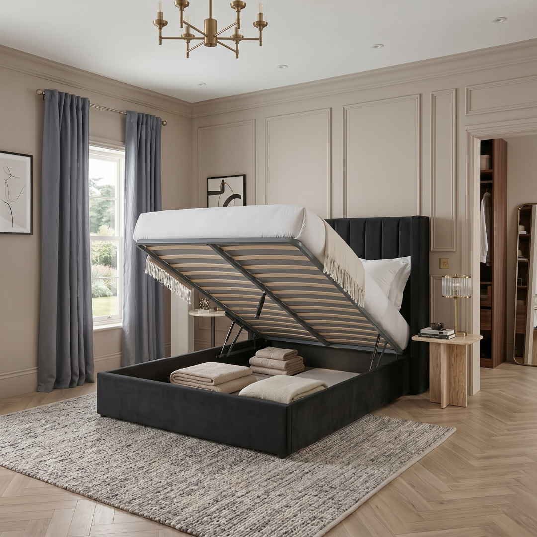 Black Ottoman Bed with  Gas Lift Storage Optional