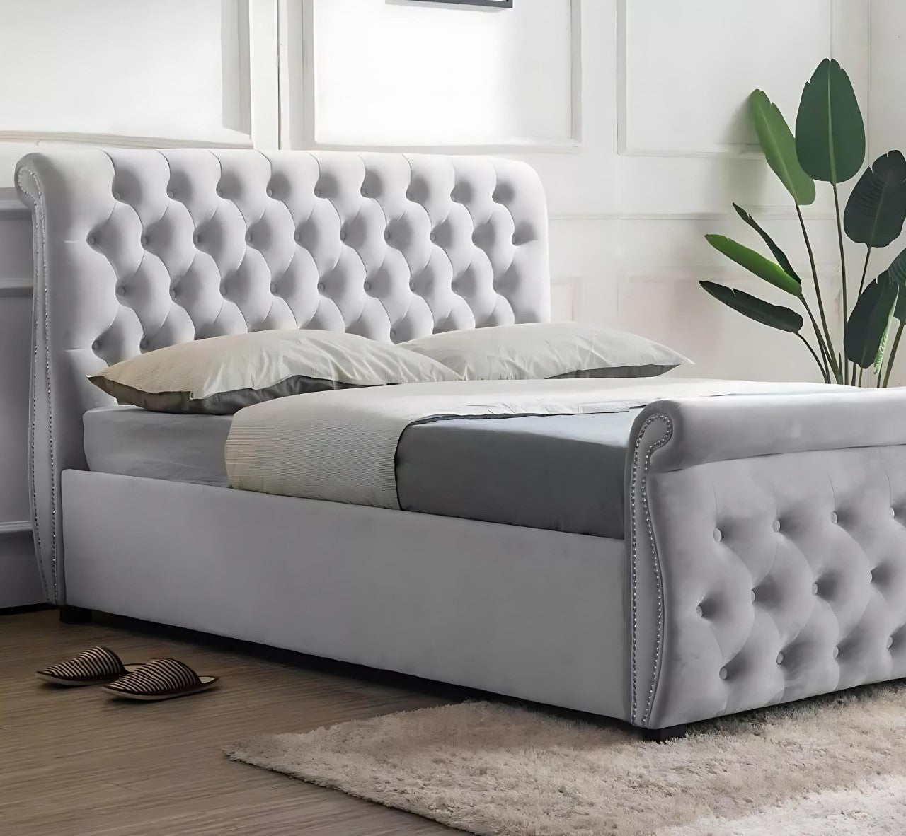 Luxury Silver Crushed Velvet Sleigh Bed Double