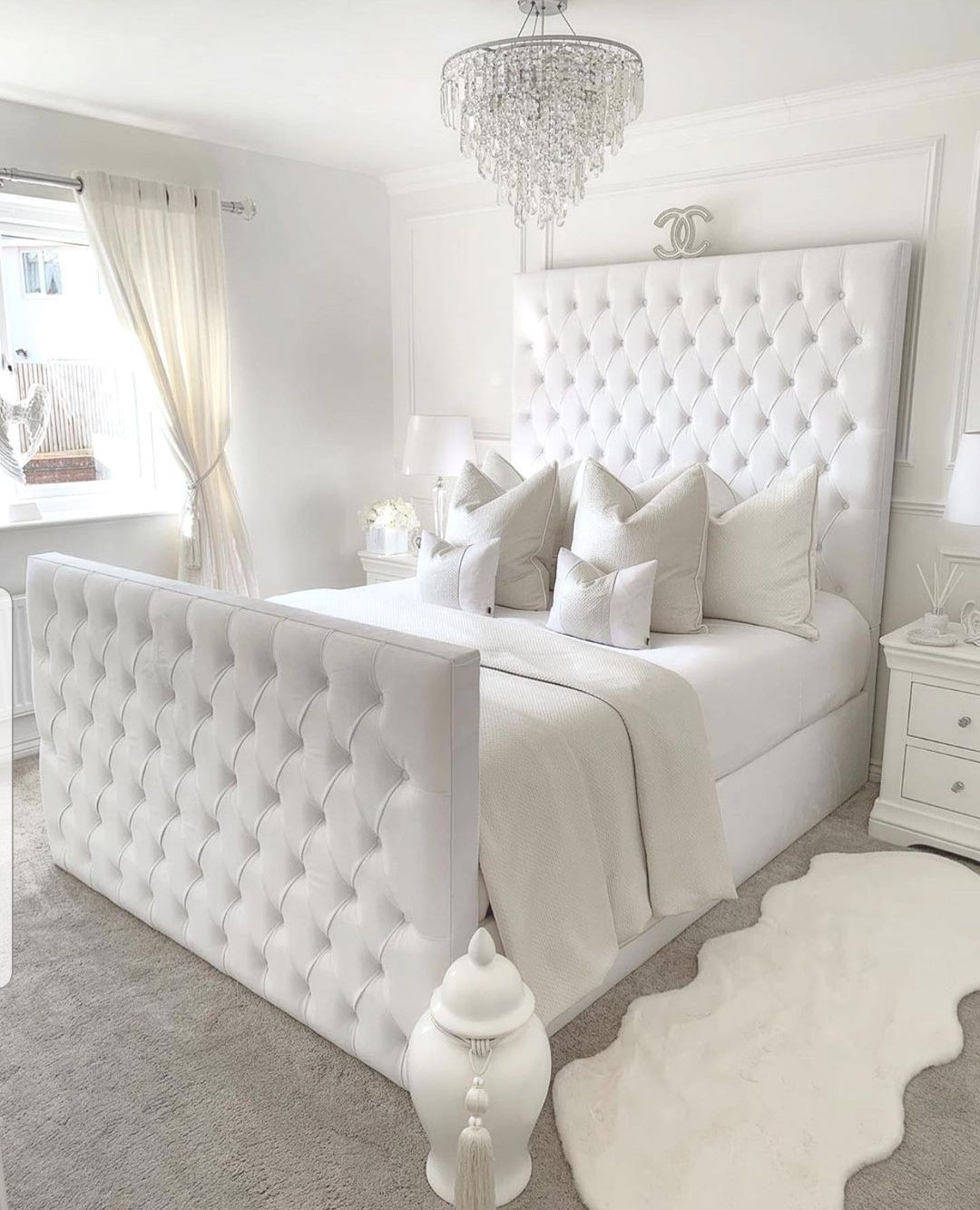 White Upholstered Tufted Bed Frame