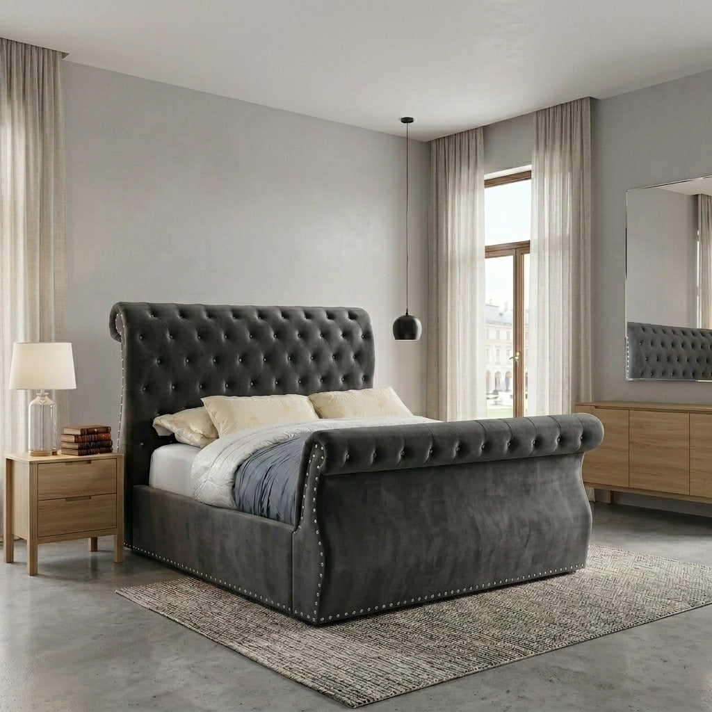 Luxurious Black Velvet Upholstered Bed