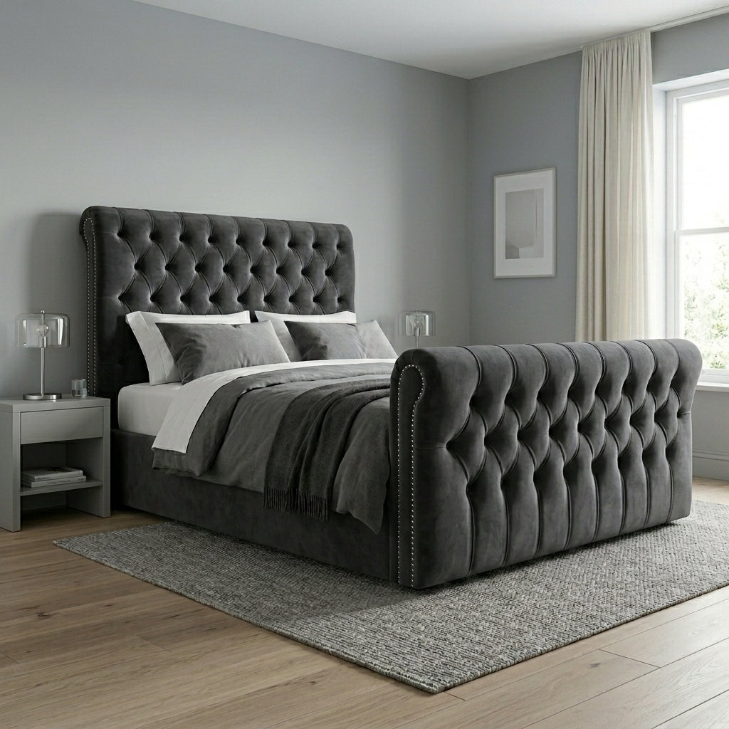 Luxurious Blue Velvet Tufted Bed Frame