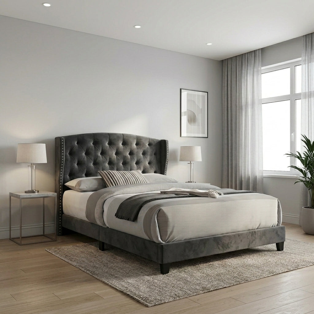 Elegant Modern Upholstered Bed with Tufted Headboard