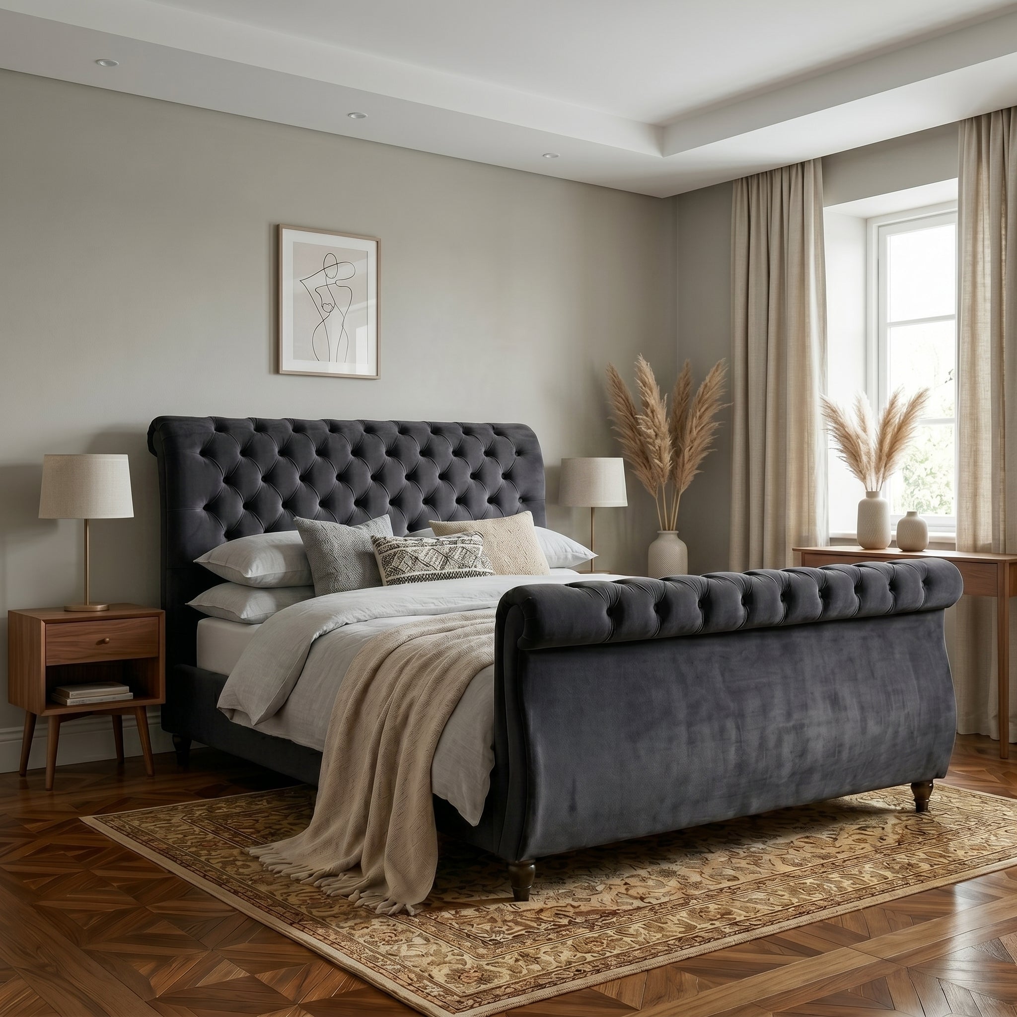 Blue Upholstered Sleigh Bed Frame