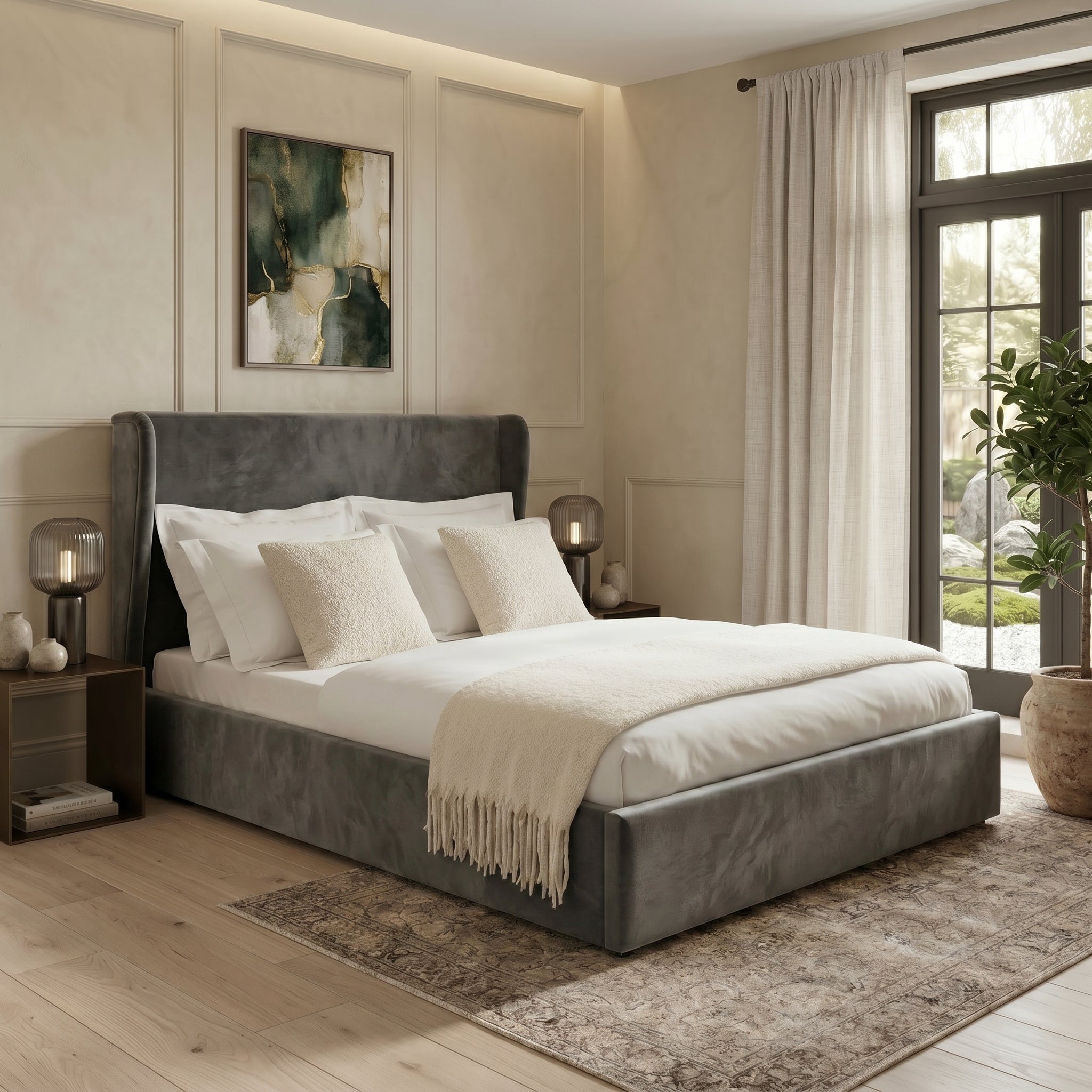 Plain Wingback Bed with Ottoman Storage