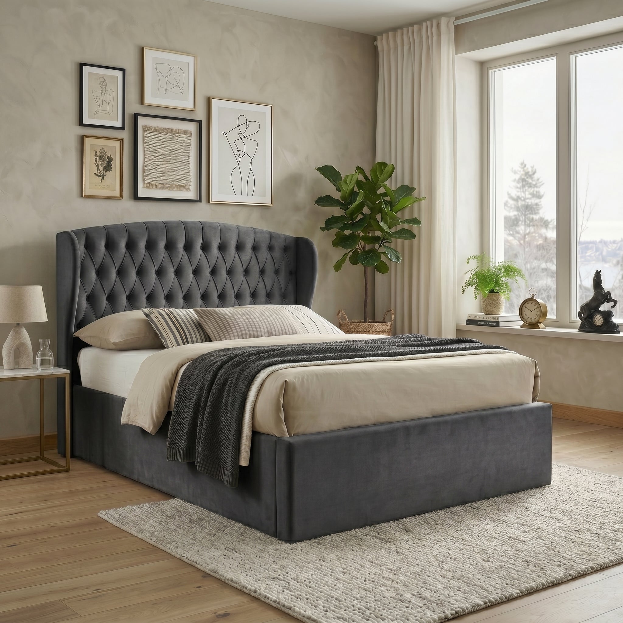 Elegant Blue Upholstered Ottoman Storage Bed