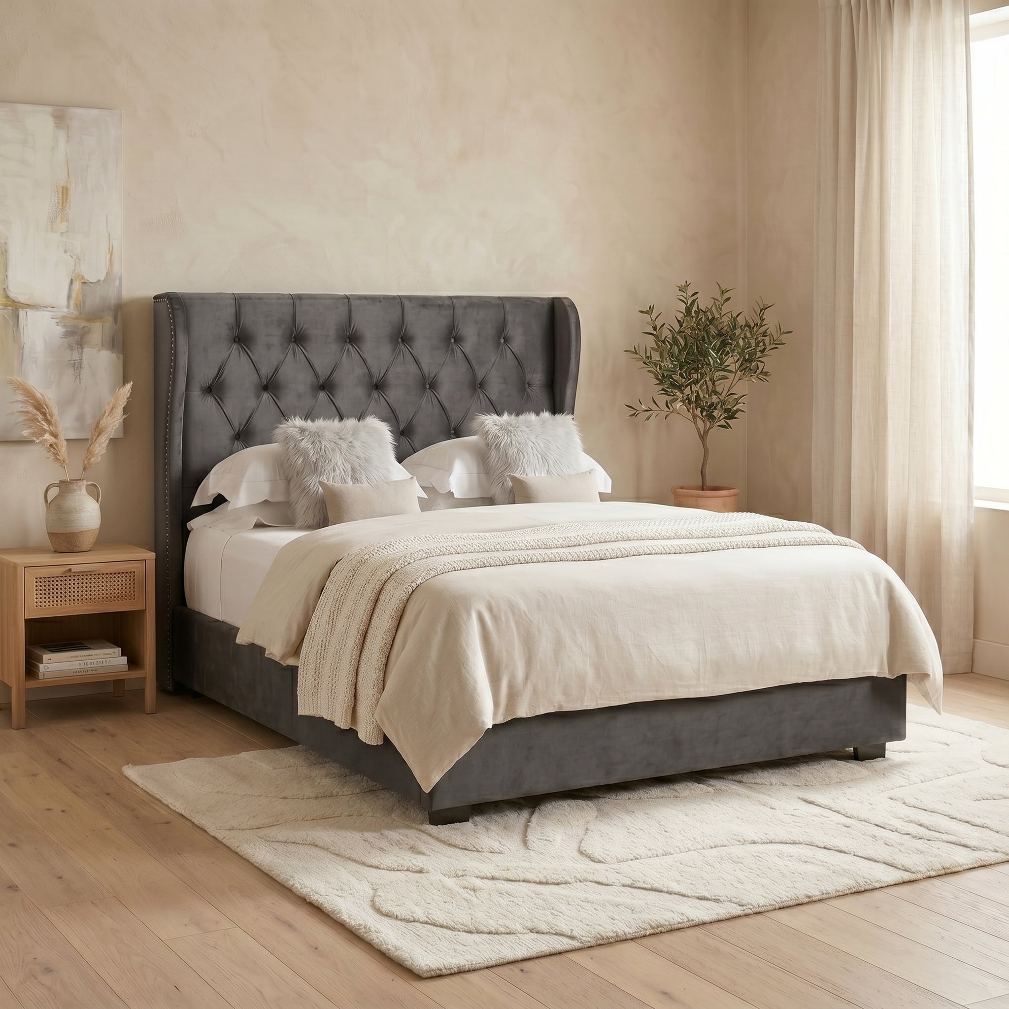 Ottoman Bed Frame with Diamante Wingback in Upholstery Pink Velvet
