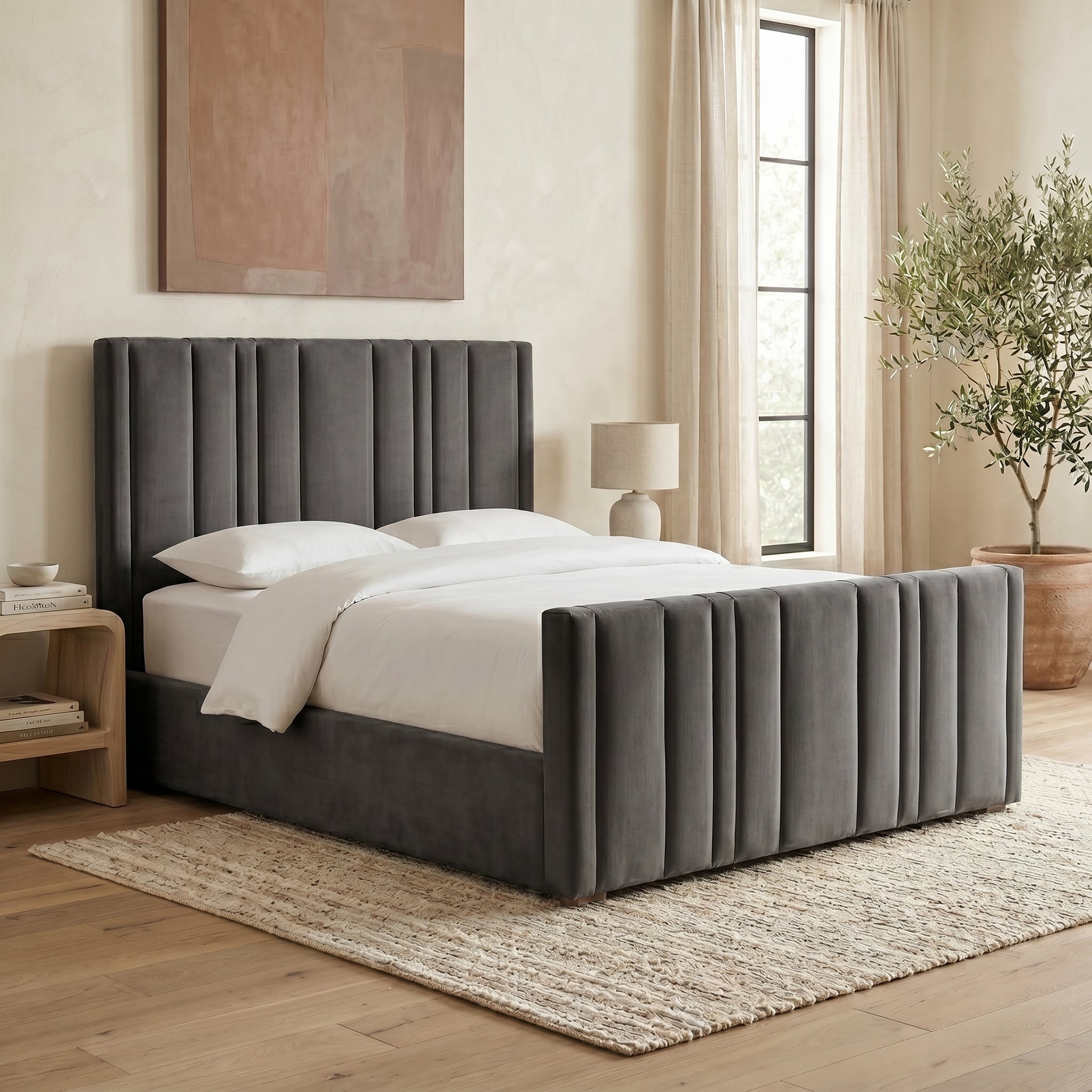 Upholstered Platform Bed with Vertical Channel Tufting