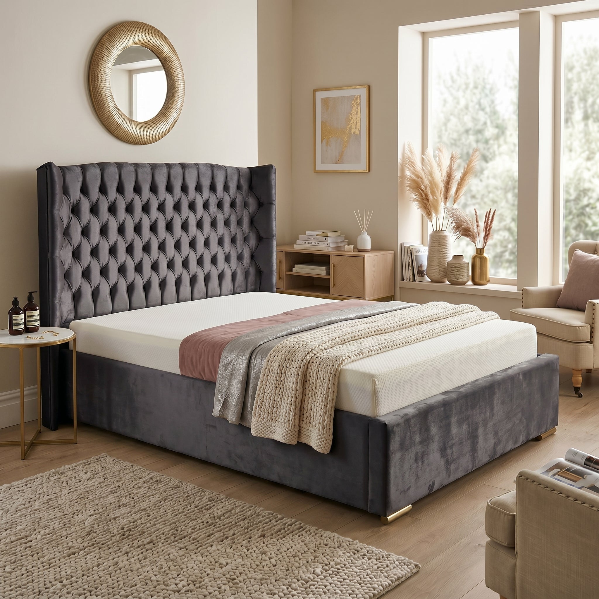 Orchid Upholstered Chesterfield Wing Bed Frame