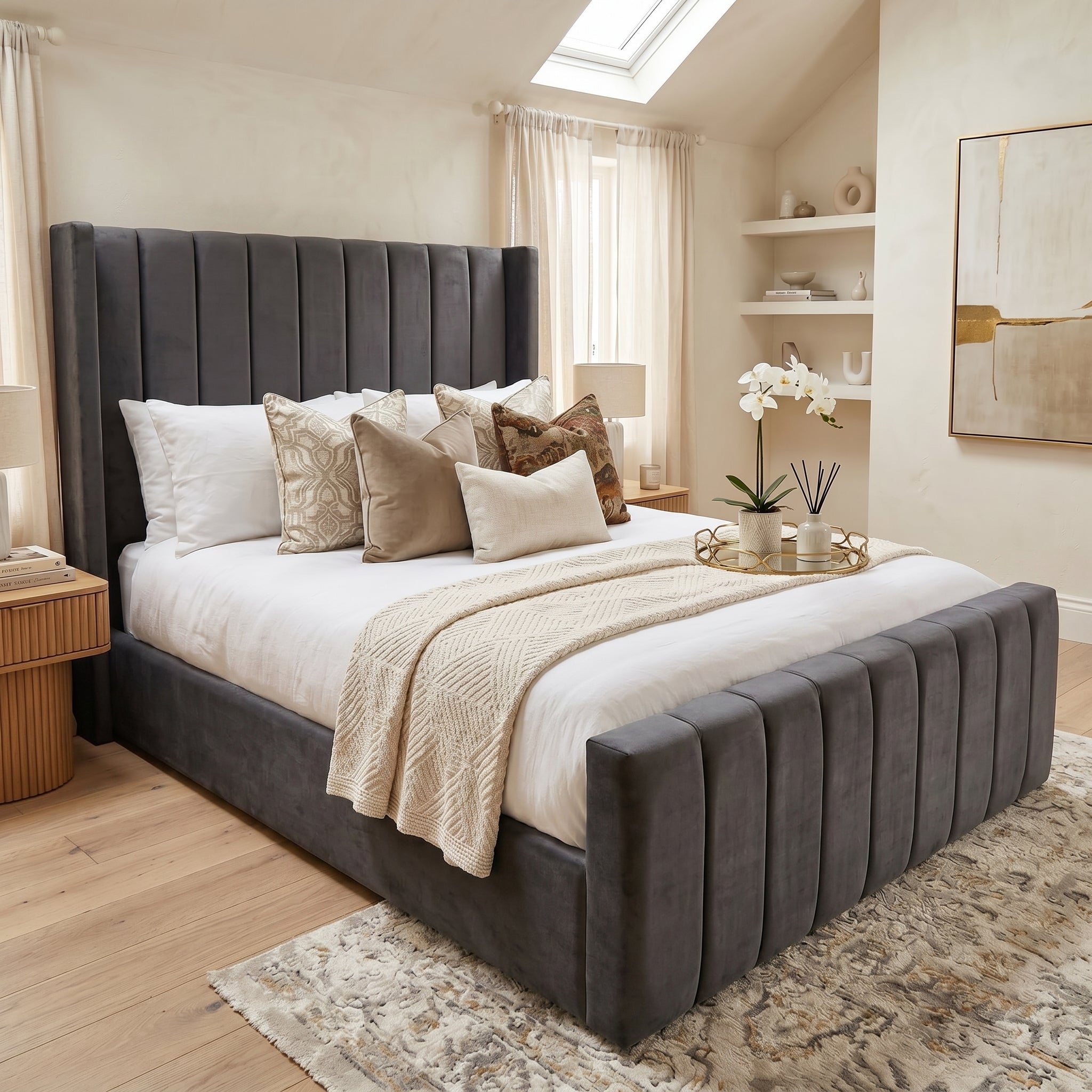 Wingback Line Panel Upholstered Bed Frame