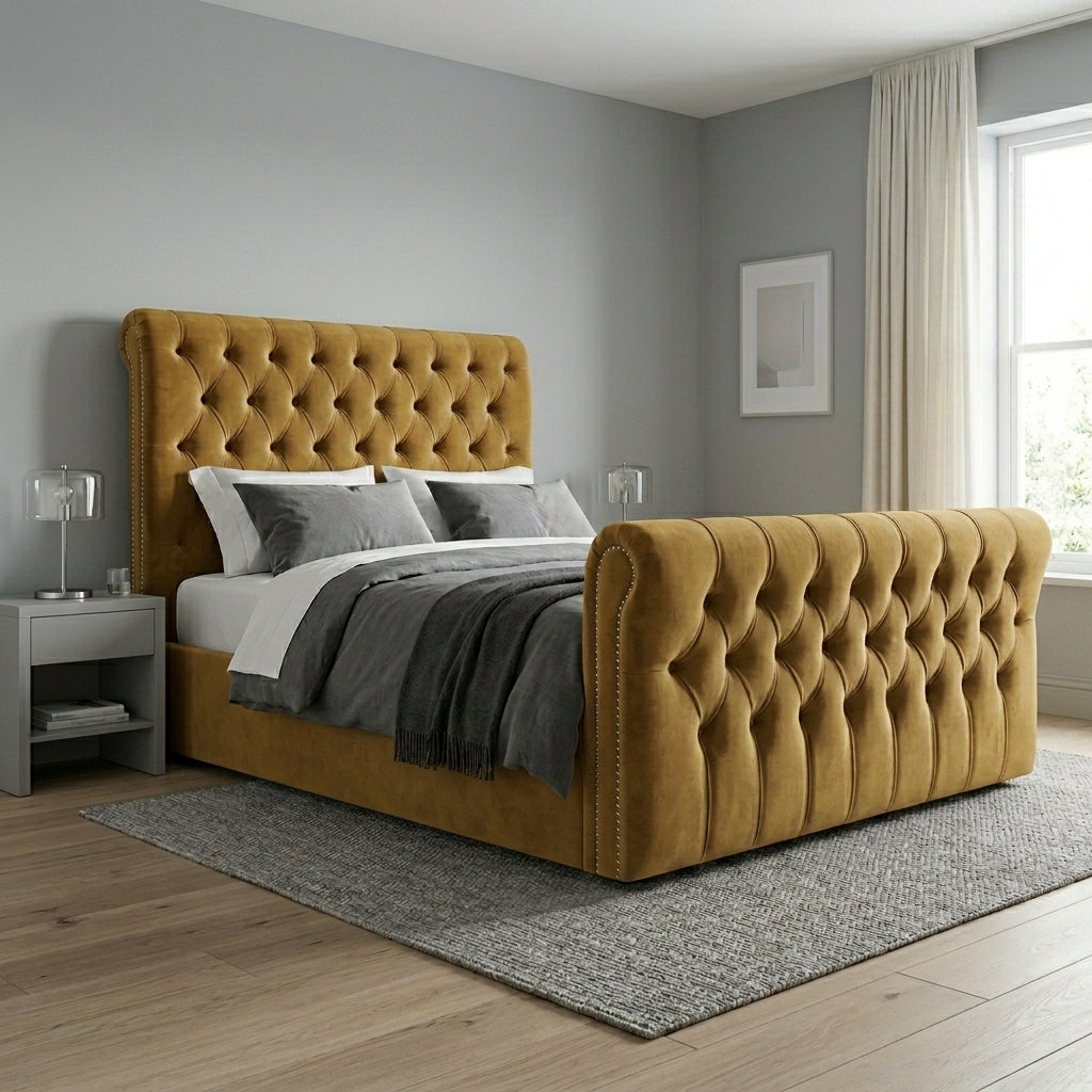 Luxurious Blue Velvet Tufted Bed Frame