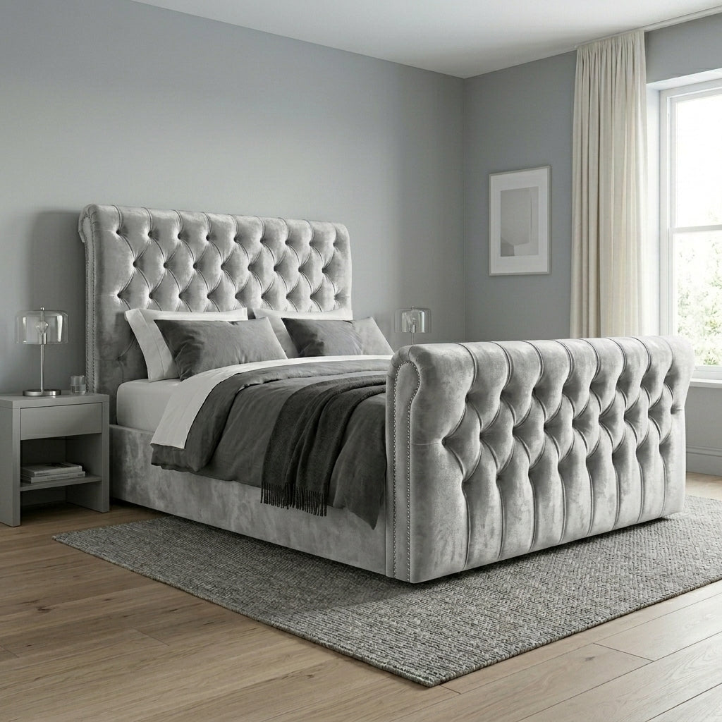 Luxurious Blue Velvet Tufted Bed Frame