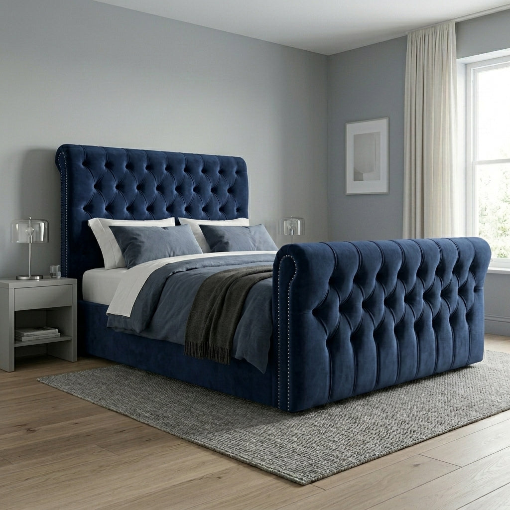 Luxurious Blue Velvet Tufted Bed Frame