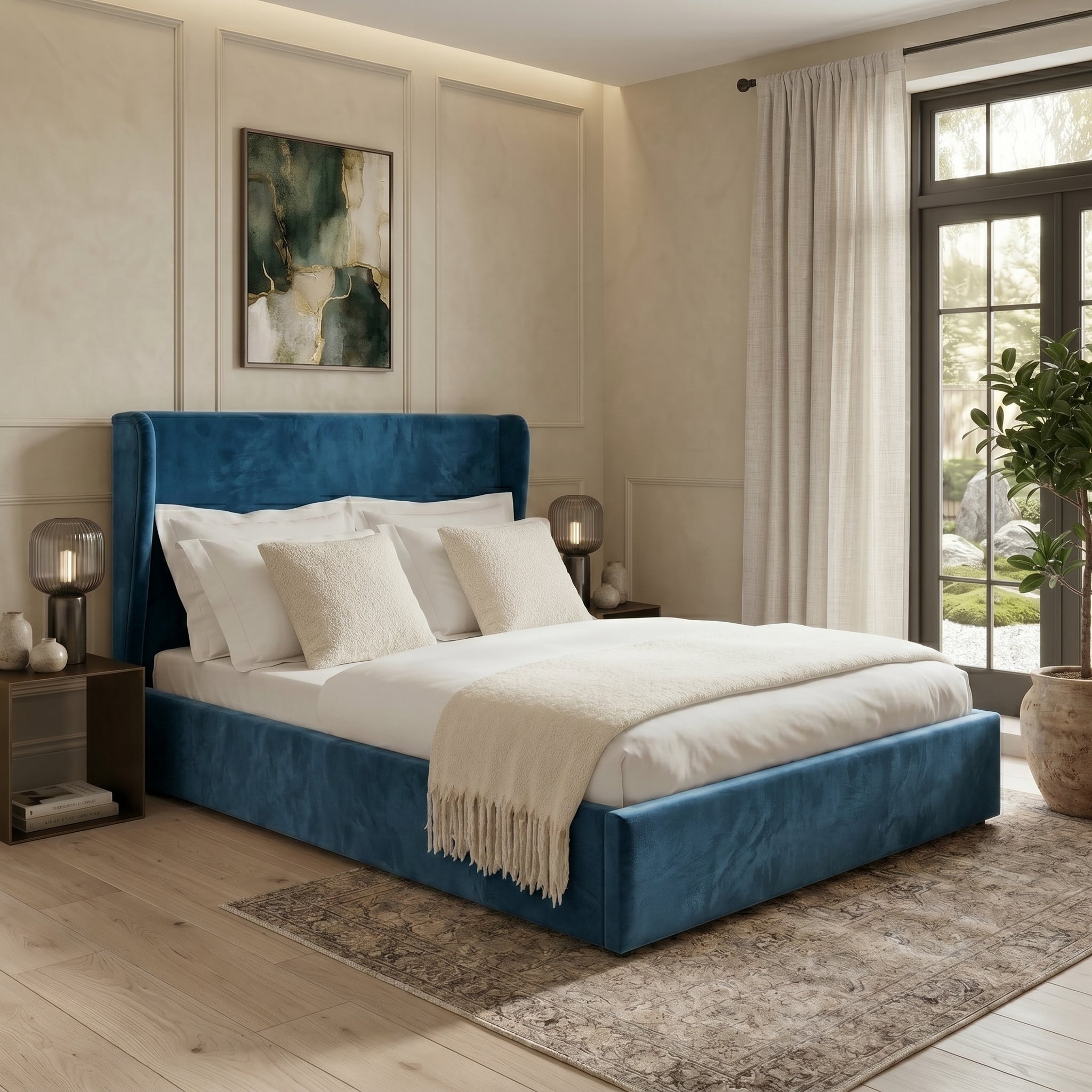 Plain Wingback Bed with Ottoman Storage