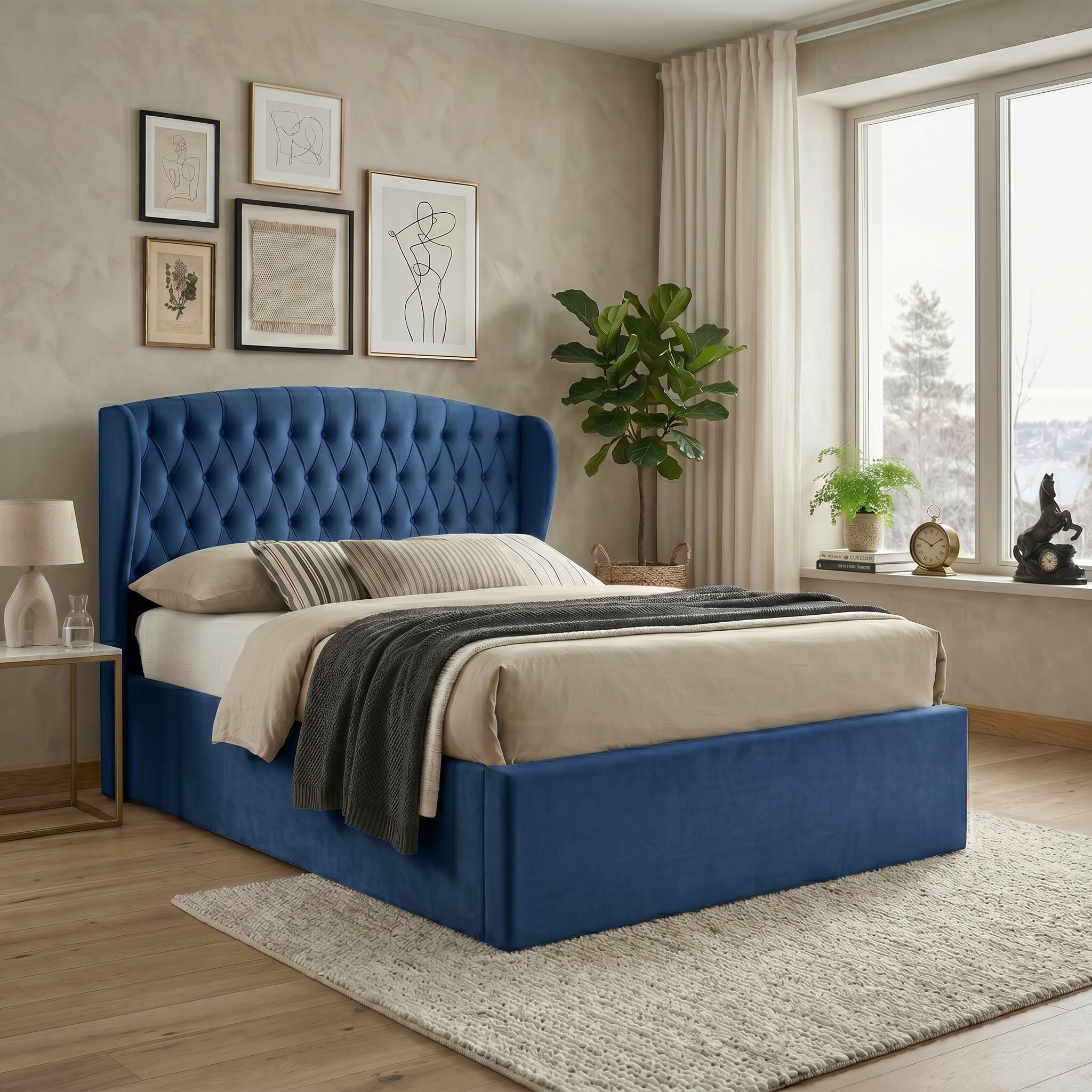 Elegant Blue Upholstered Ottoman Storage Bed