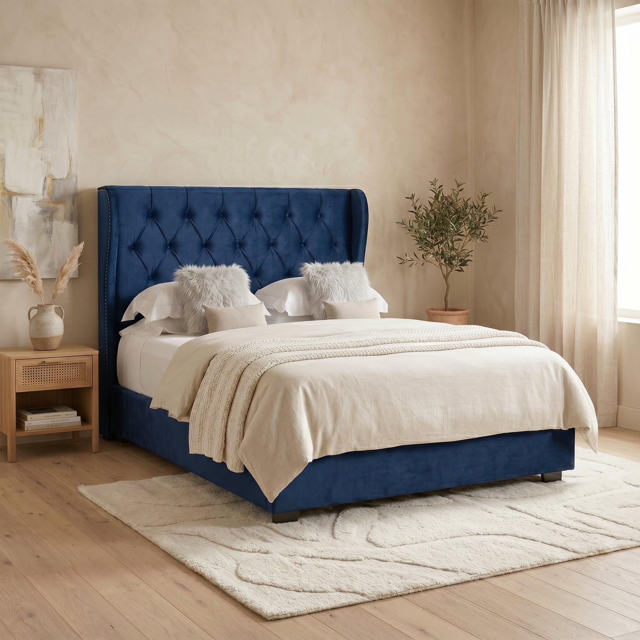 Ottoman Bed Frame with Diamante Wingback in Upholstery Pink Velvet
