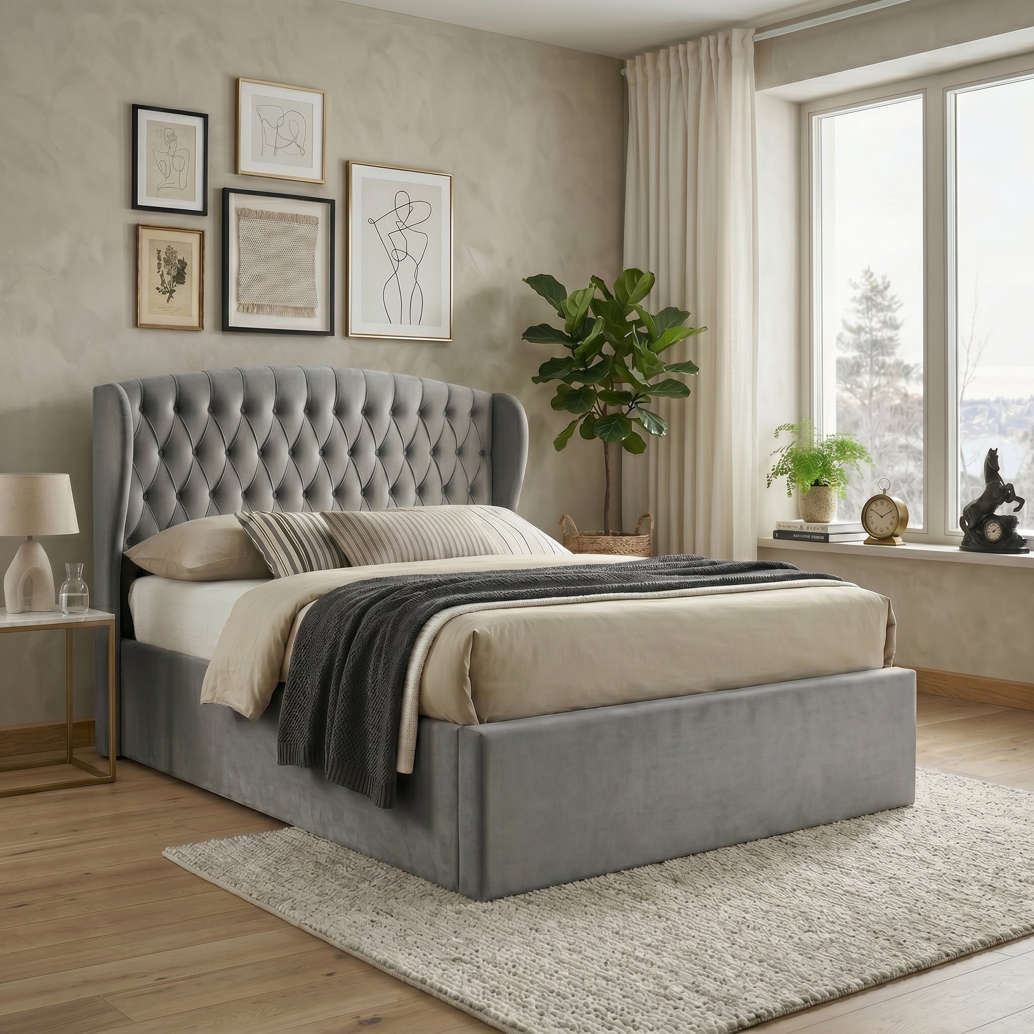 Elegant Blue Upholstered Ottoman Storage Bed