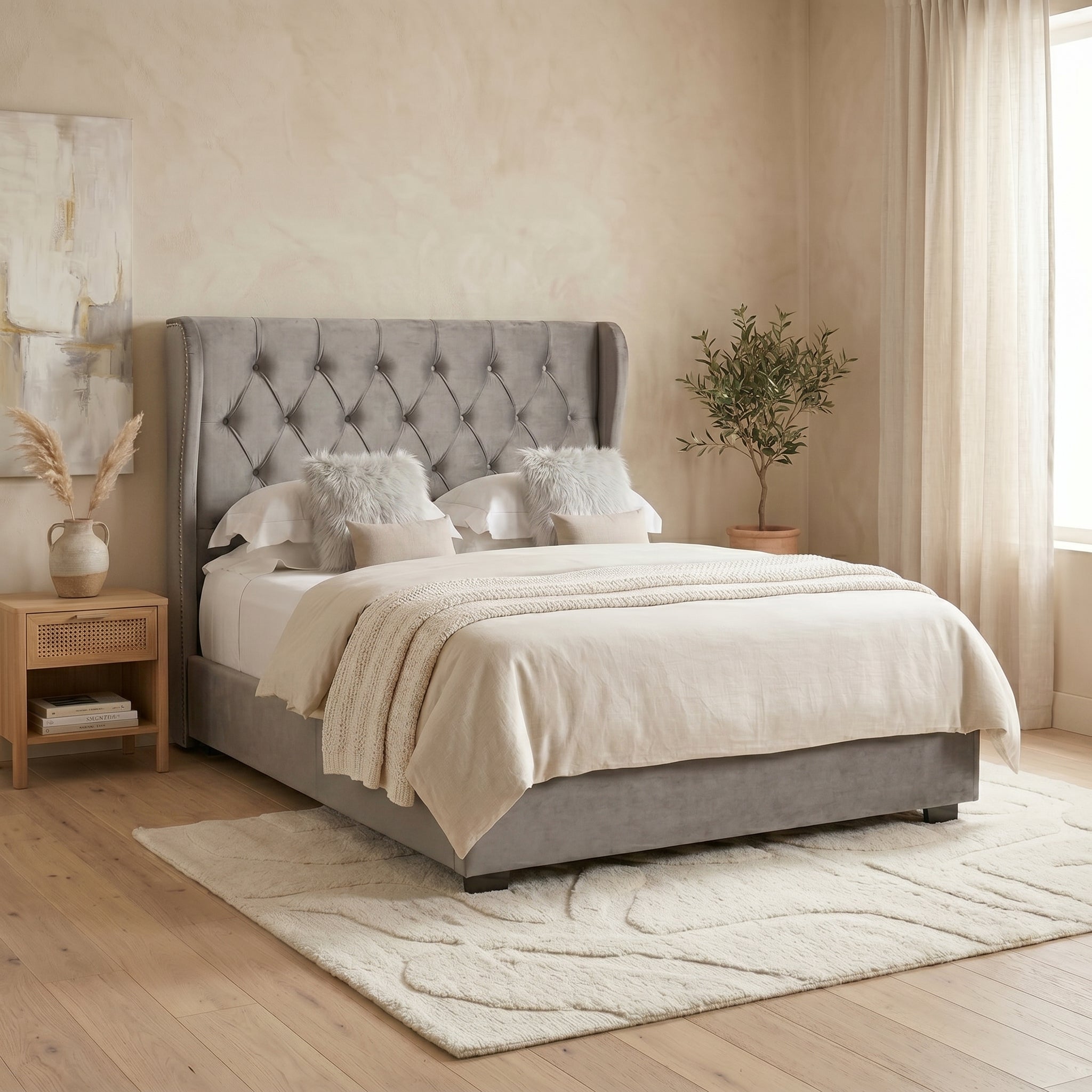 Ottoman Bed Frame with Diamante Wingback in Upholstery Pink Velvet
