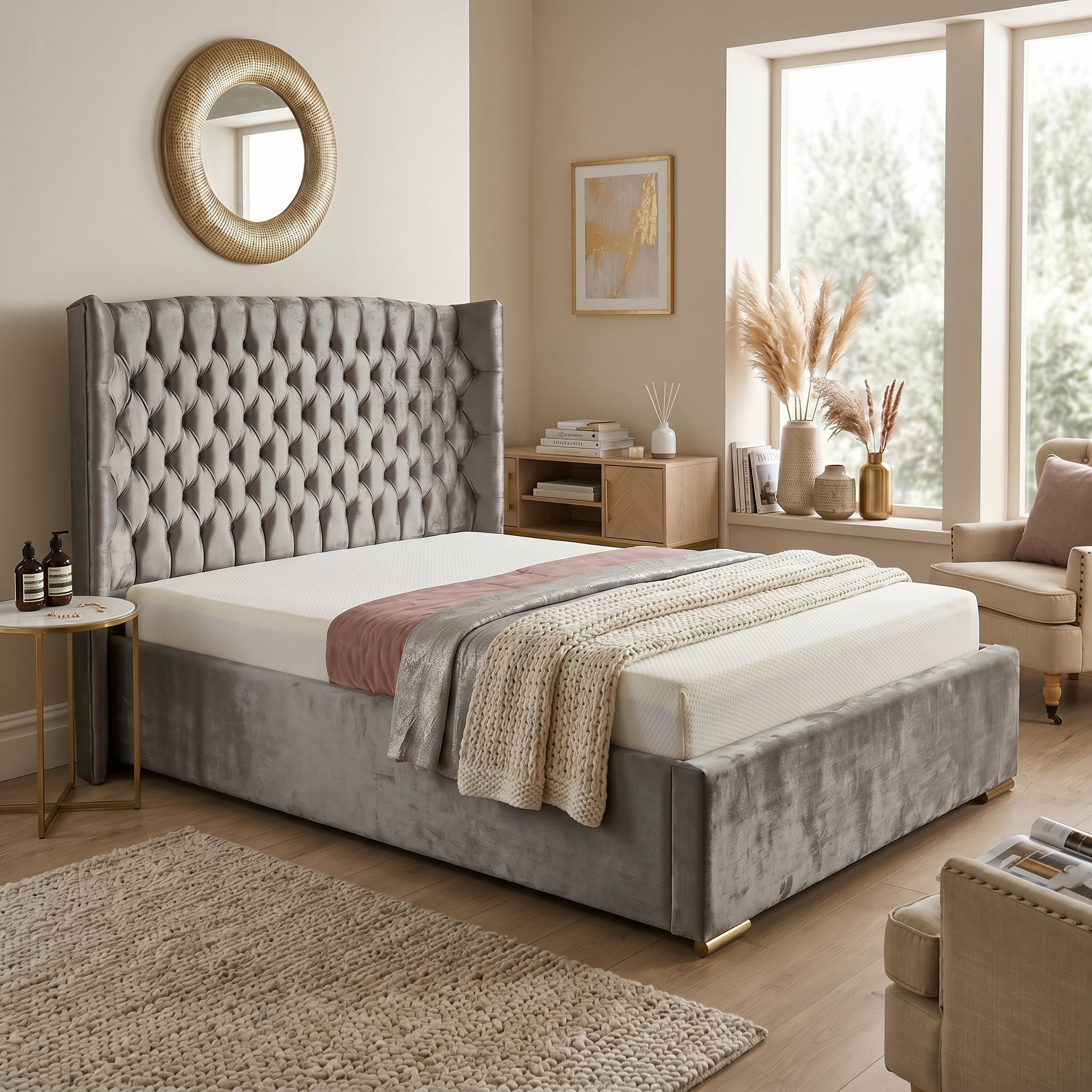 Orchid Upholstered Chesterfield Wing Bed Frame