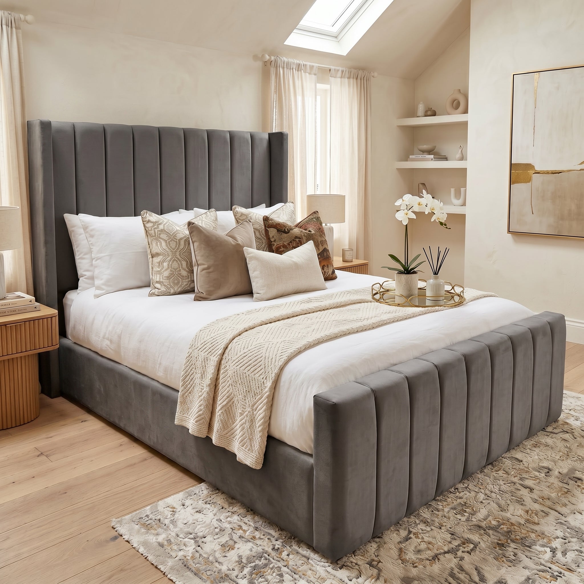 Wingback Line Panel Upholstered Bed Frame
