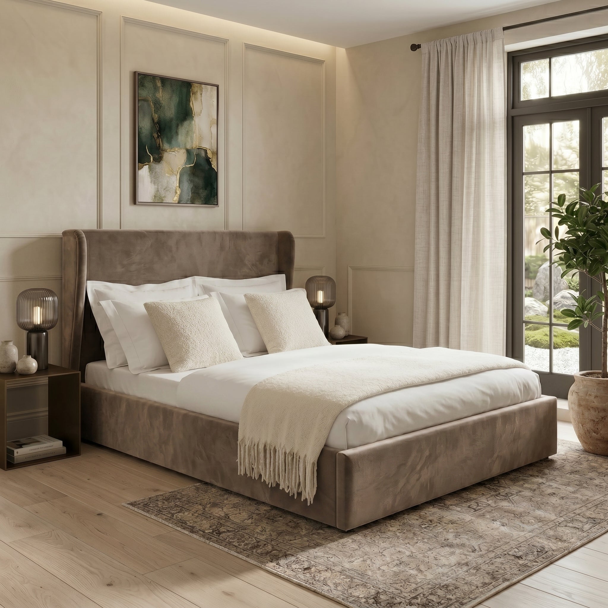 Plain Wingback Bed with Ottoman Storage